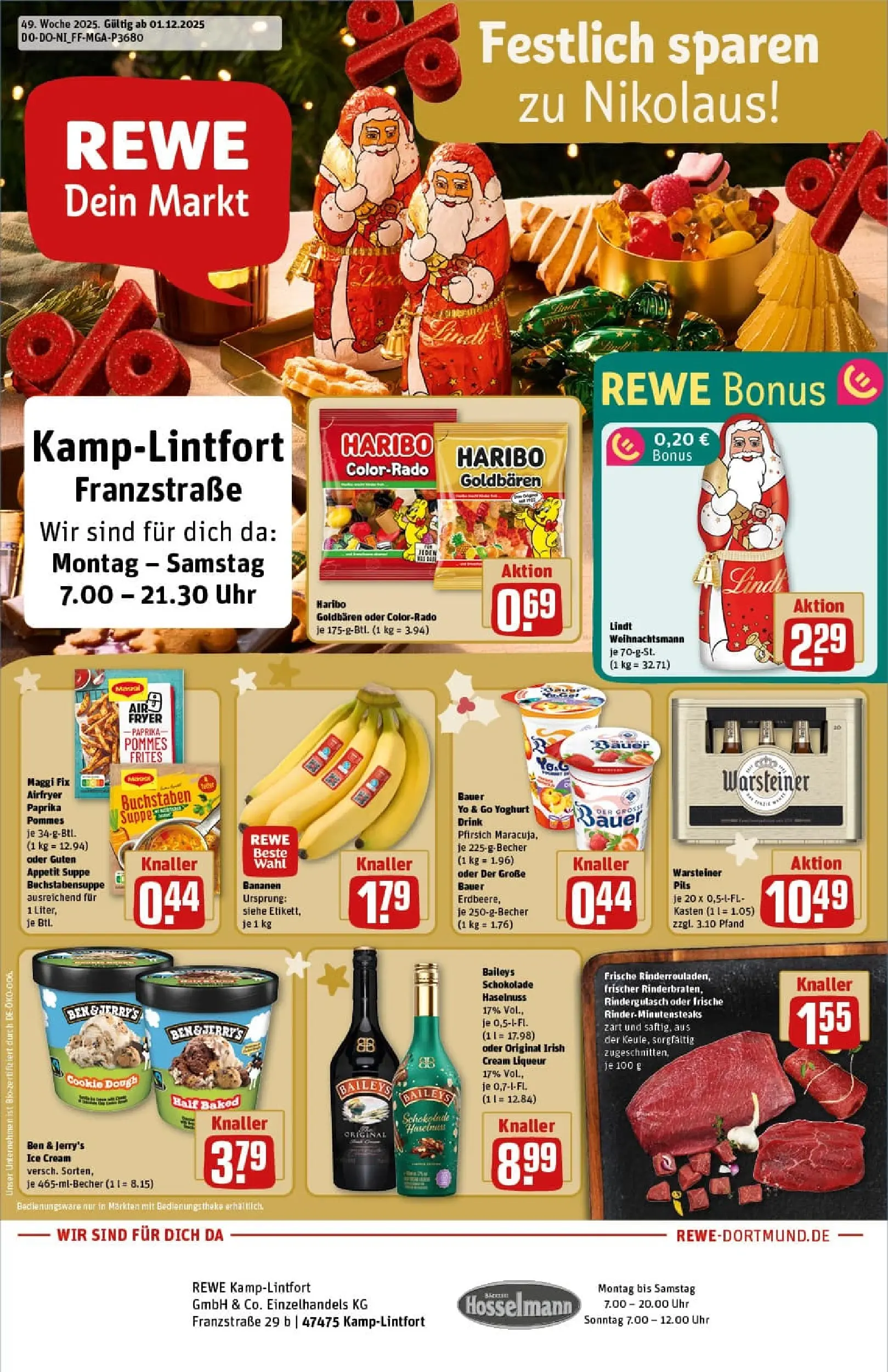 REWE Prospekt ab 01.12.2025 zum Blättern » Angebote | Seite: 1 | Produkte: Rindergulasch, Pils, Paprika, Lindt