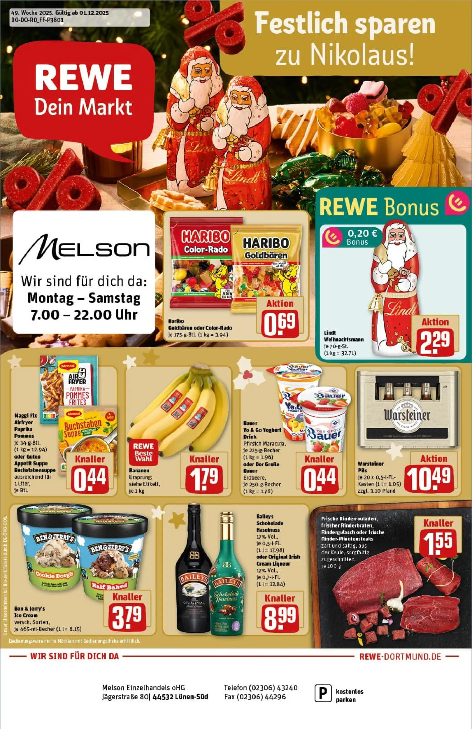REWE Prospekt ab 01.12.2025 zum Blättern » Angebote | Seite: 1 | Produkte: Rindergulasch, Haribo, Pils, Lindt