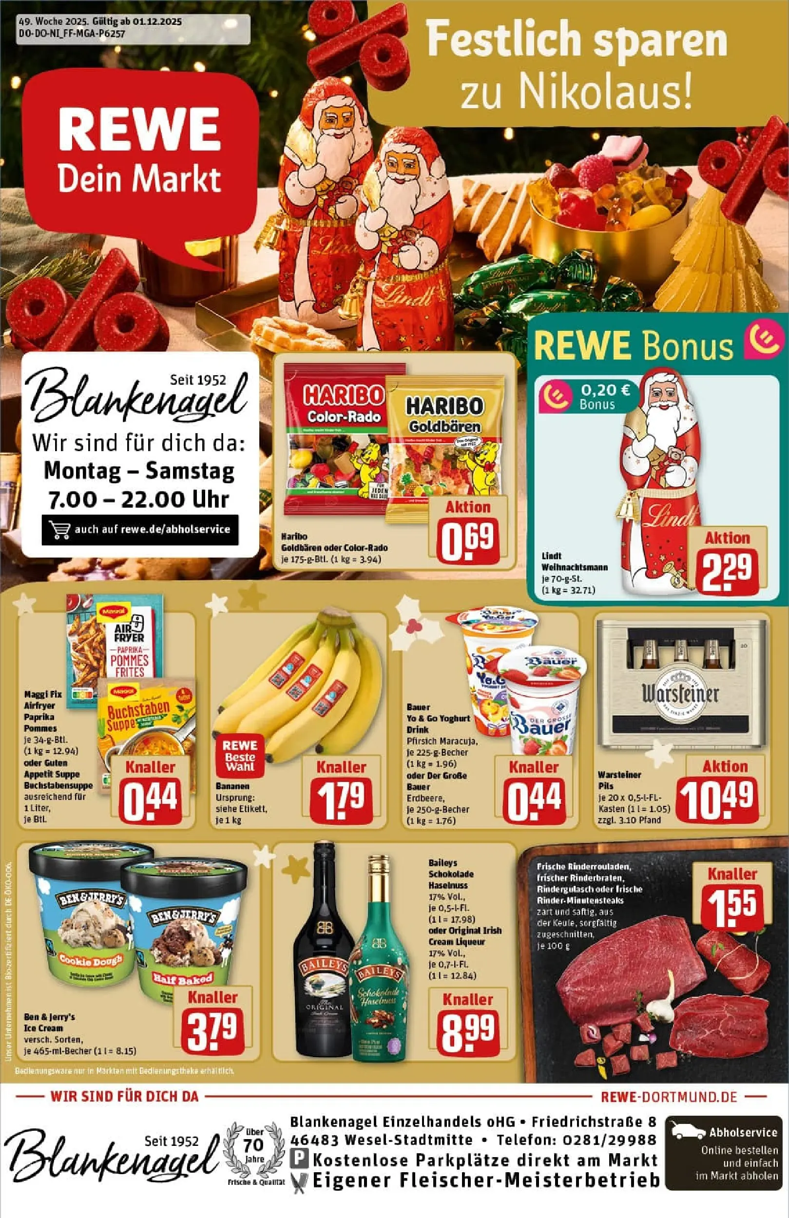 REWE Prospekt ab 01.12.2025 zum Blättern » Angebote | Seite: 1 | Produkte: Rindergulasch, Pommes, Ben & Jerry's, Uhr