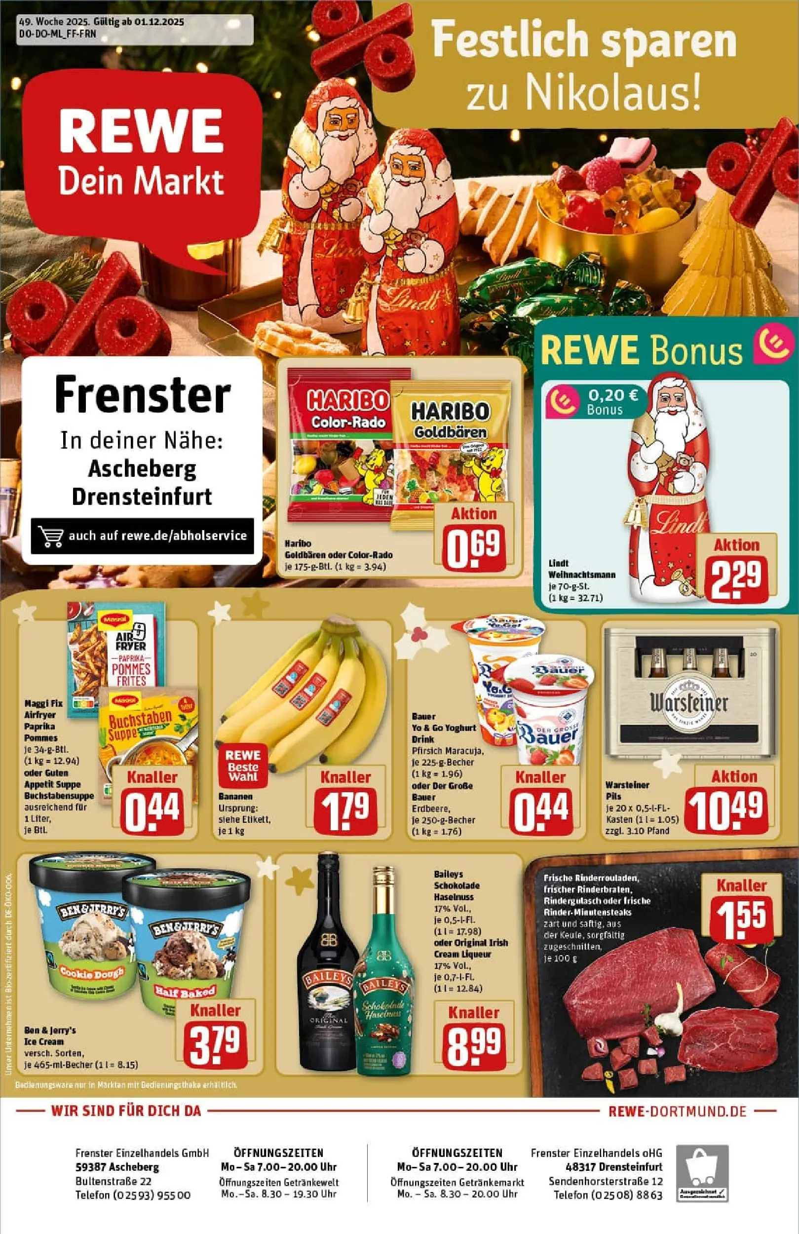 REWE Prospekt ab 01.12.2025 zum Blättern » Angebote | Seite: 1 | Produkte: Bananen, Warsteiner, Maggi fix, Telefon