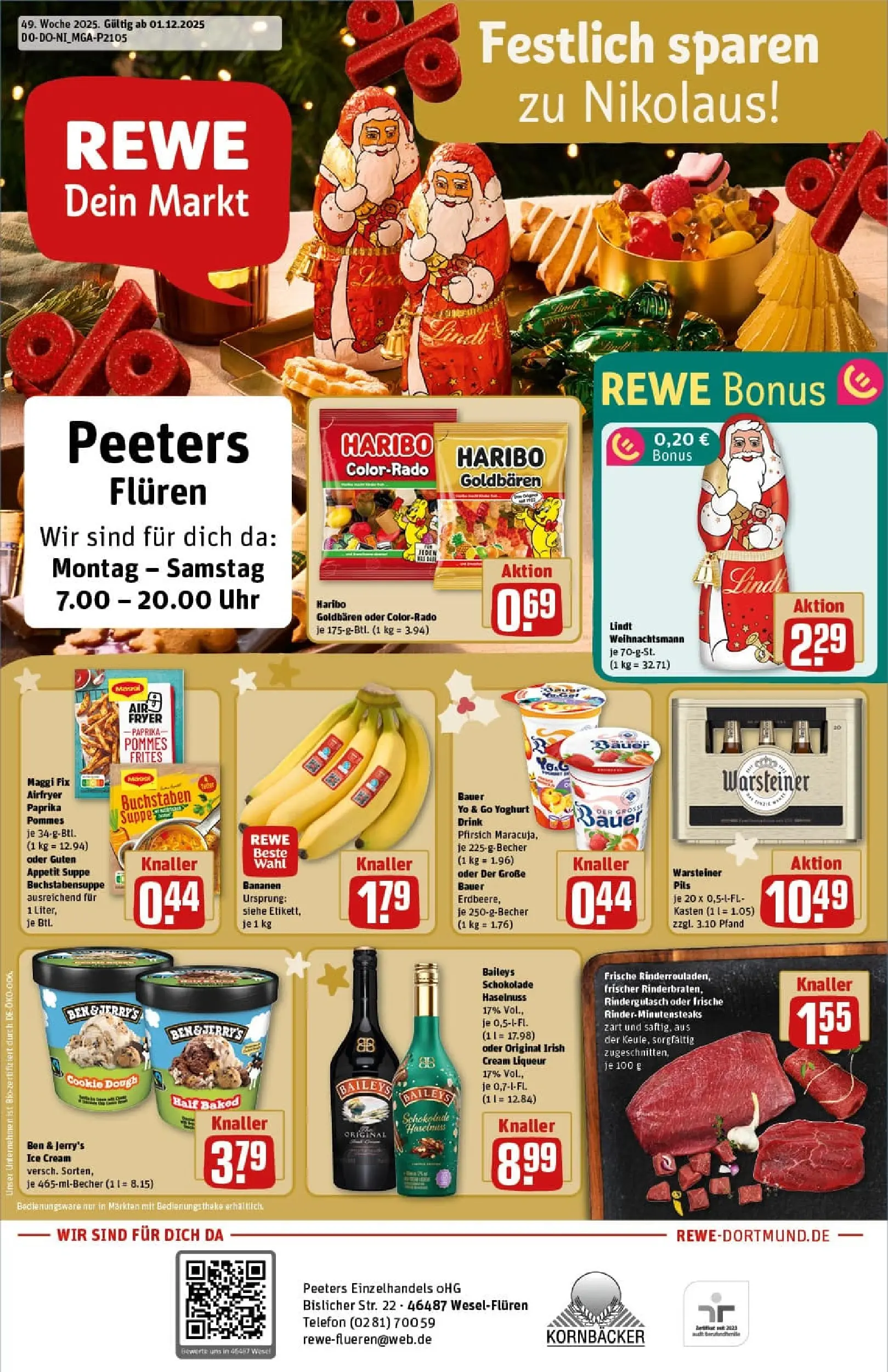 REWE Prospekt ab 01.12.2025 zum Blättern » Angebote | Seite: 1 | Produkte: Haribo, Schokolade, Warsteiner, Pfirsich