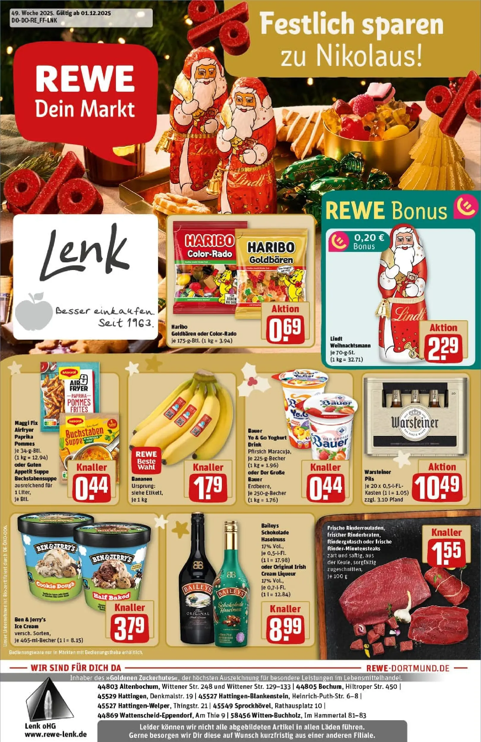 REWE Prospekt ab 01.12.2025 zum Blättern » Angebote | Seite: 1 | Produkte: Pommes frites, Paprika, Warsteiner, Lindt