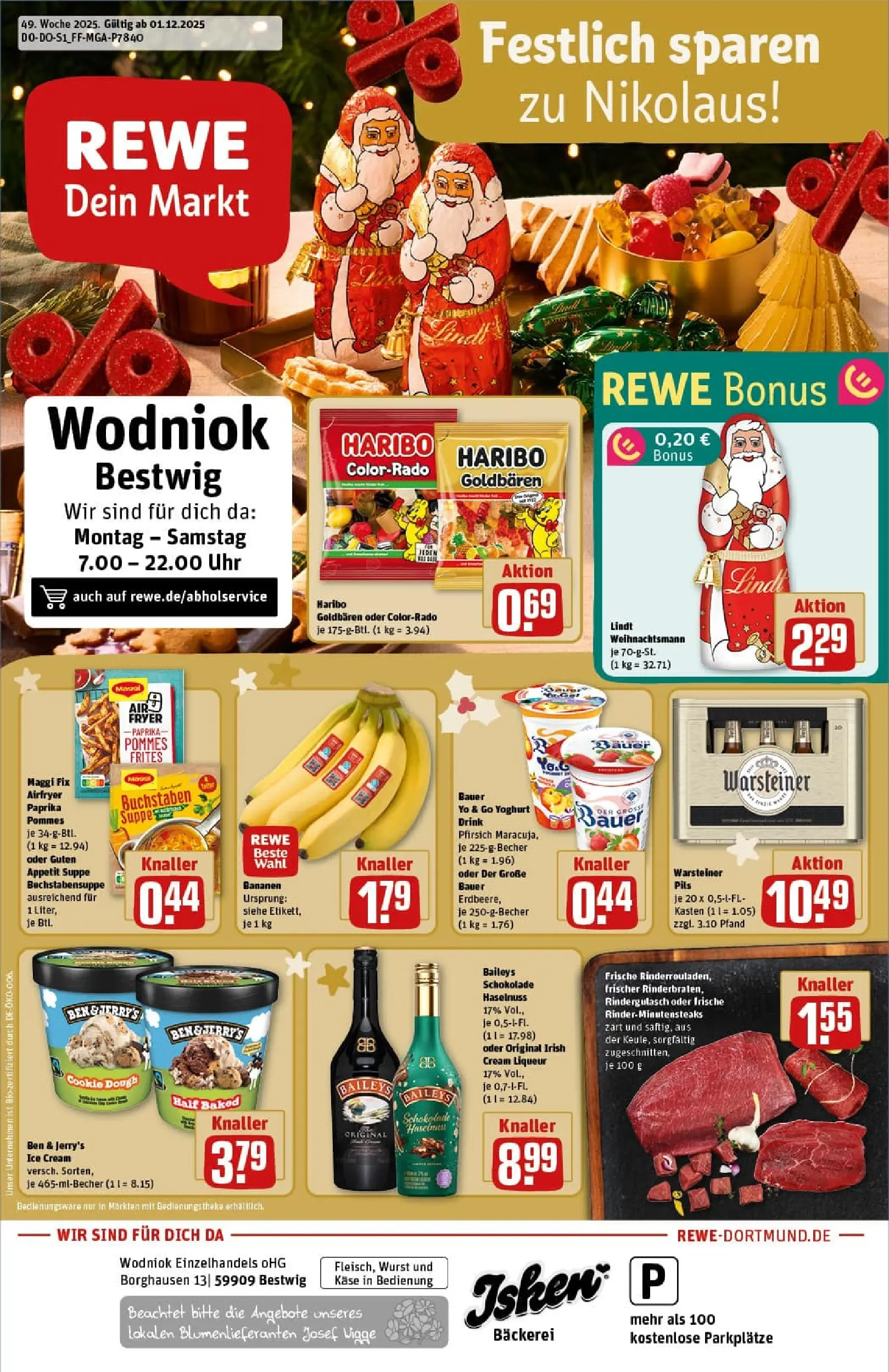 REWE Prospekt ab 01.12.2025 zum Blättern » Angebote | Seite: 1 | Produkte: Rinderrouladen, Paprika, Pfirsich, Lindt