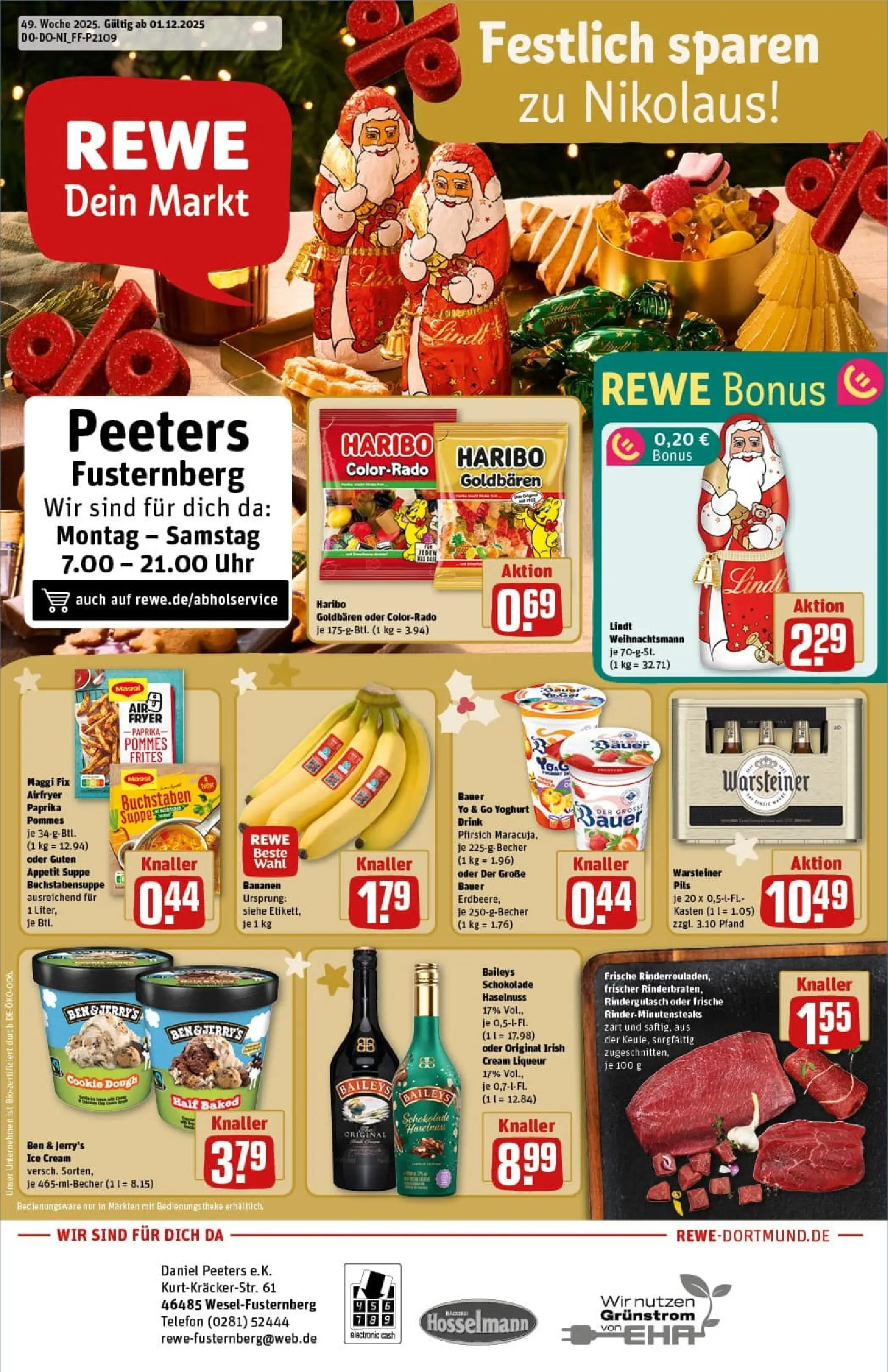 REWE Prospekt ab 01.12.2025 zum Blättern » Angebote | Seite: 1 | Produkte: Haribo, Schokolade, Pommes, Uhr