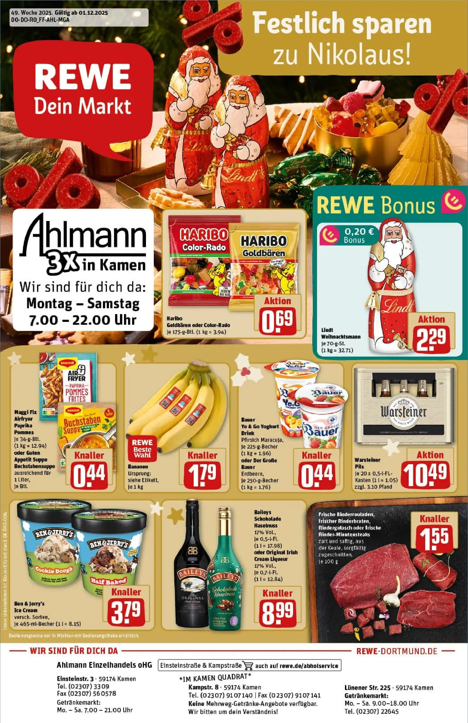 REWE Prospekt ab 01.12.2025 zum Blättern » Angebote | Seite: 1 | Produkte: Pils, Bananen, Baileys, Uhr