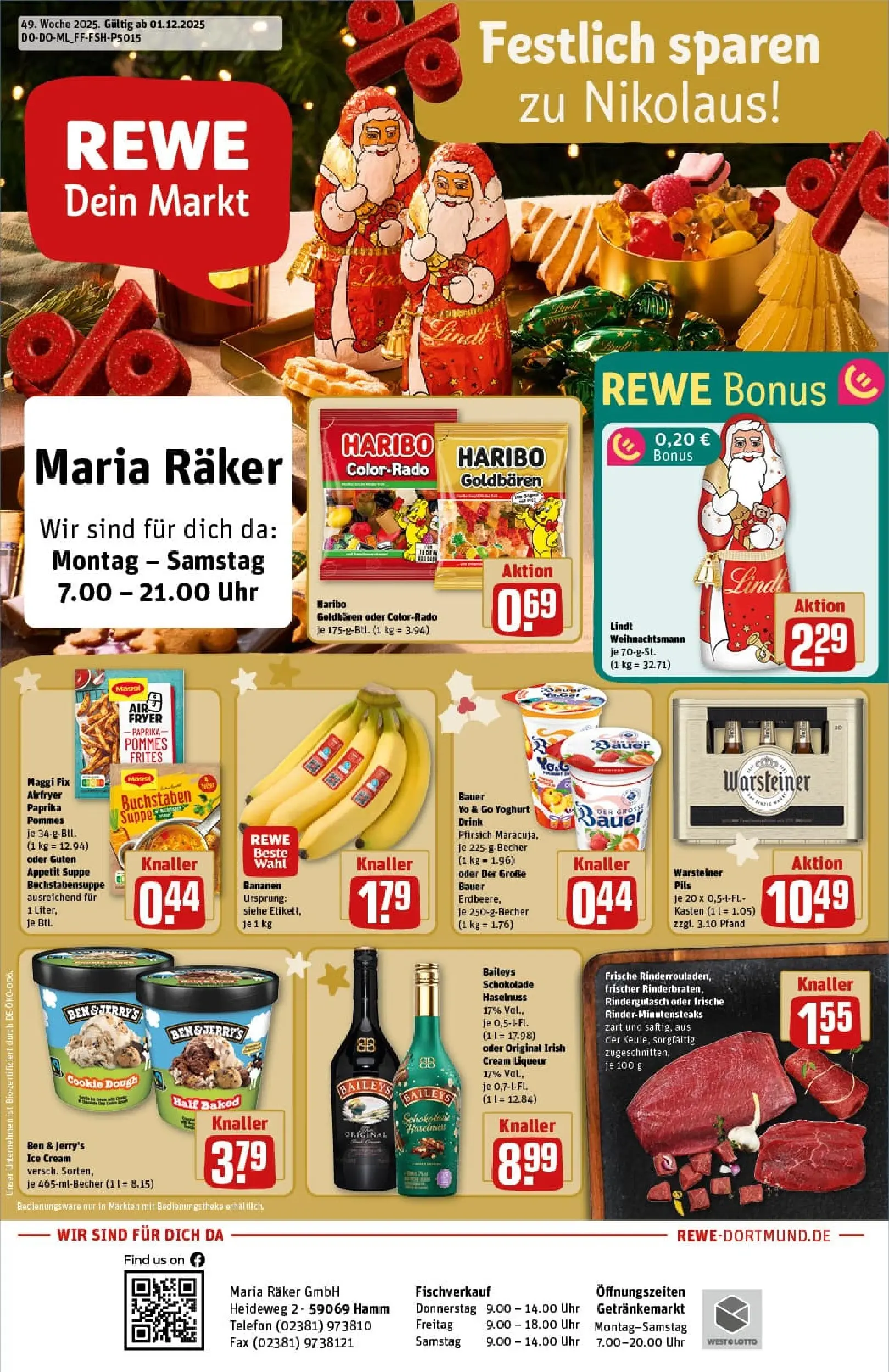 REWE Prospekt ab 01.12.2025 zum Blättern » Angebote | Seite: 1 | Produkte: Pommes frites, Pfirsich, Baileys, Uhr