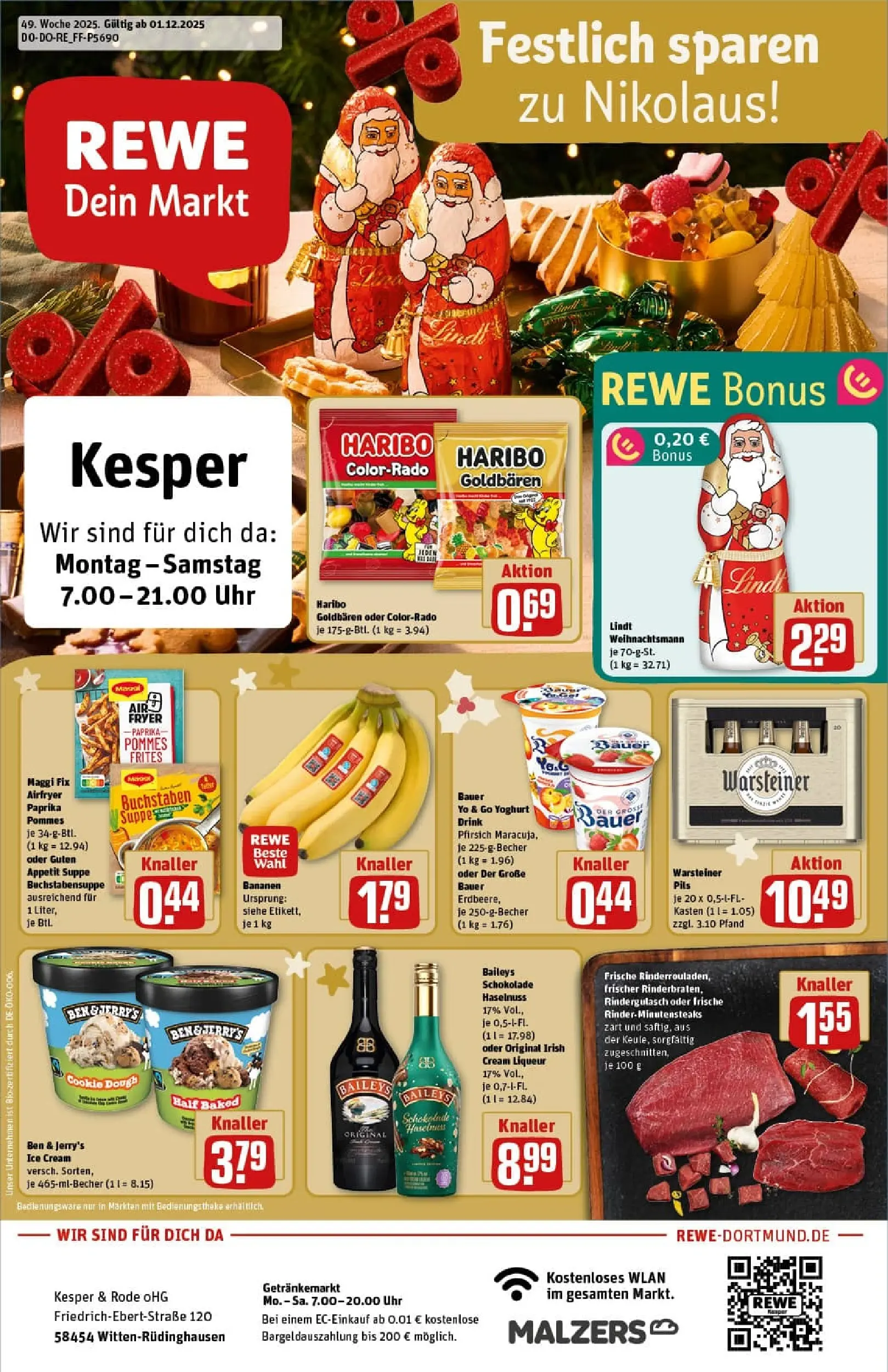 REWE Prospekt ab 01.12.2025 zum Blättern » Angebote | Seite: 1 | Produkte: Haribo, Schokolade, Pommes frites, Pfirsich