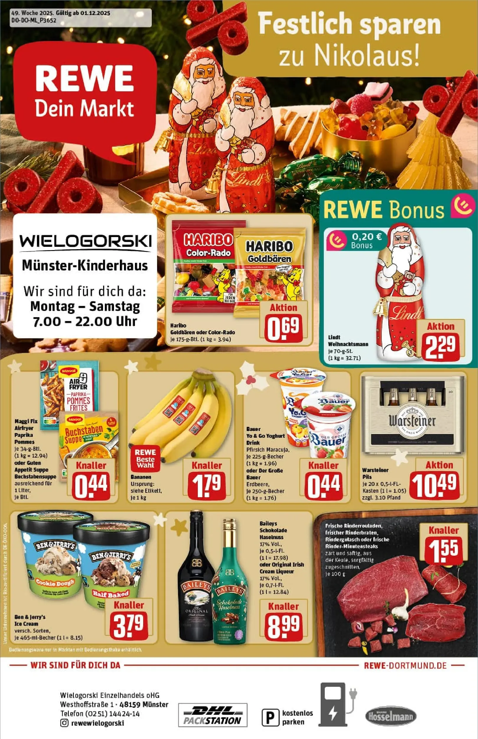 REWE Prospekt ab 01.12.2025 zum Blättern » Angebote | Seite: 1 | Produkte: Pils, Pommes frites, Baileys, Uhr