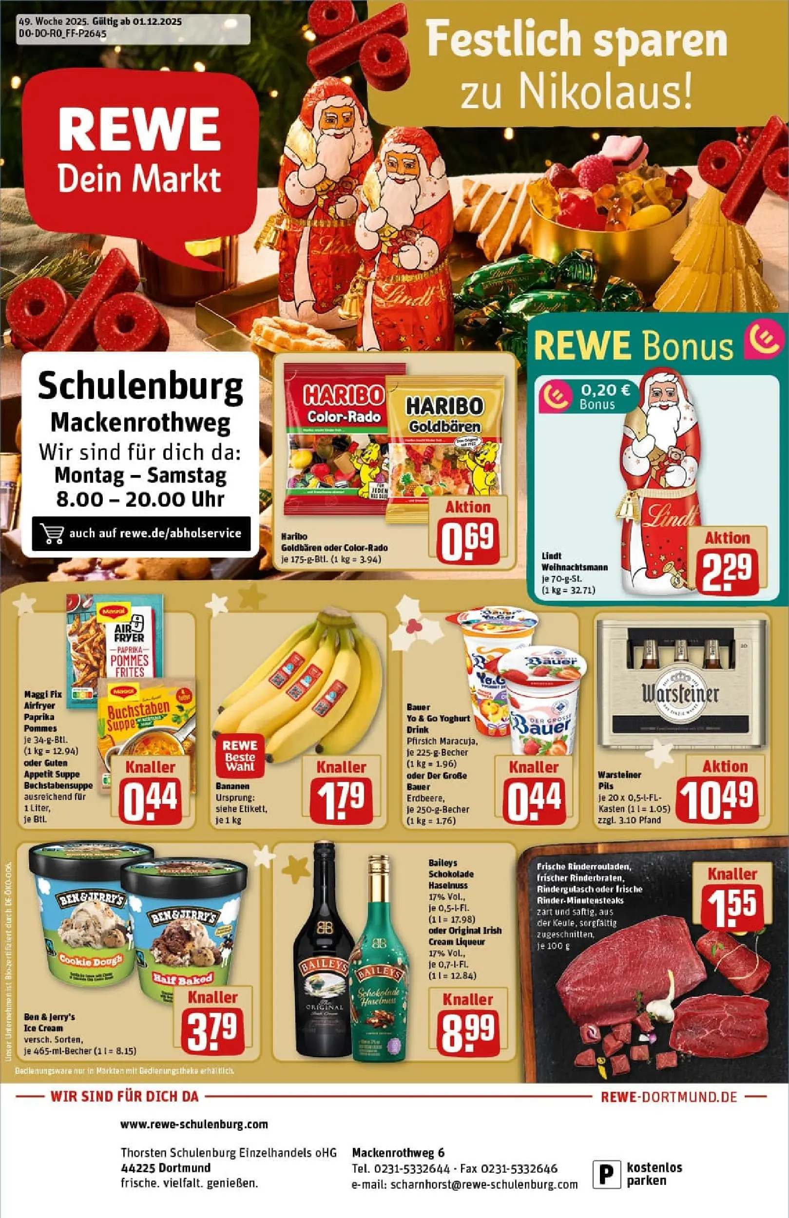 REWE Prospekt ab 01.12.2025 zum Blättern » Angebote | Seite: 1 | Produkte: Rindergulasch, Haribo, Maggi fix, Baileys