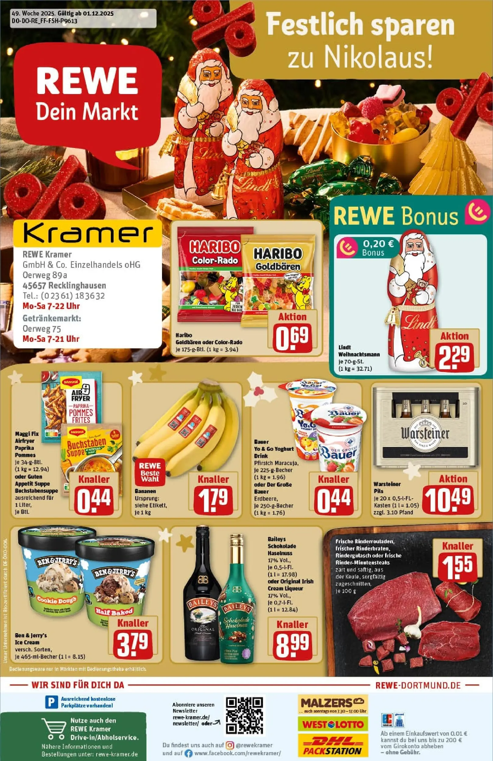 REWE Prospekt ab 01.12.2025 zum Blättern » Angebote | Seite: 1 | Produkte: Rindergulasch, Paprika, Maggi fix, Baileys