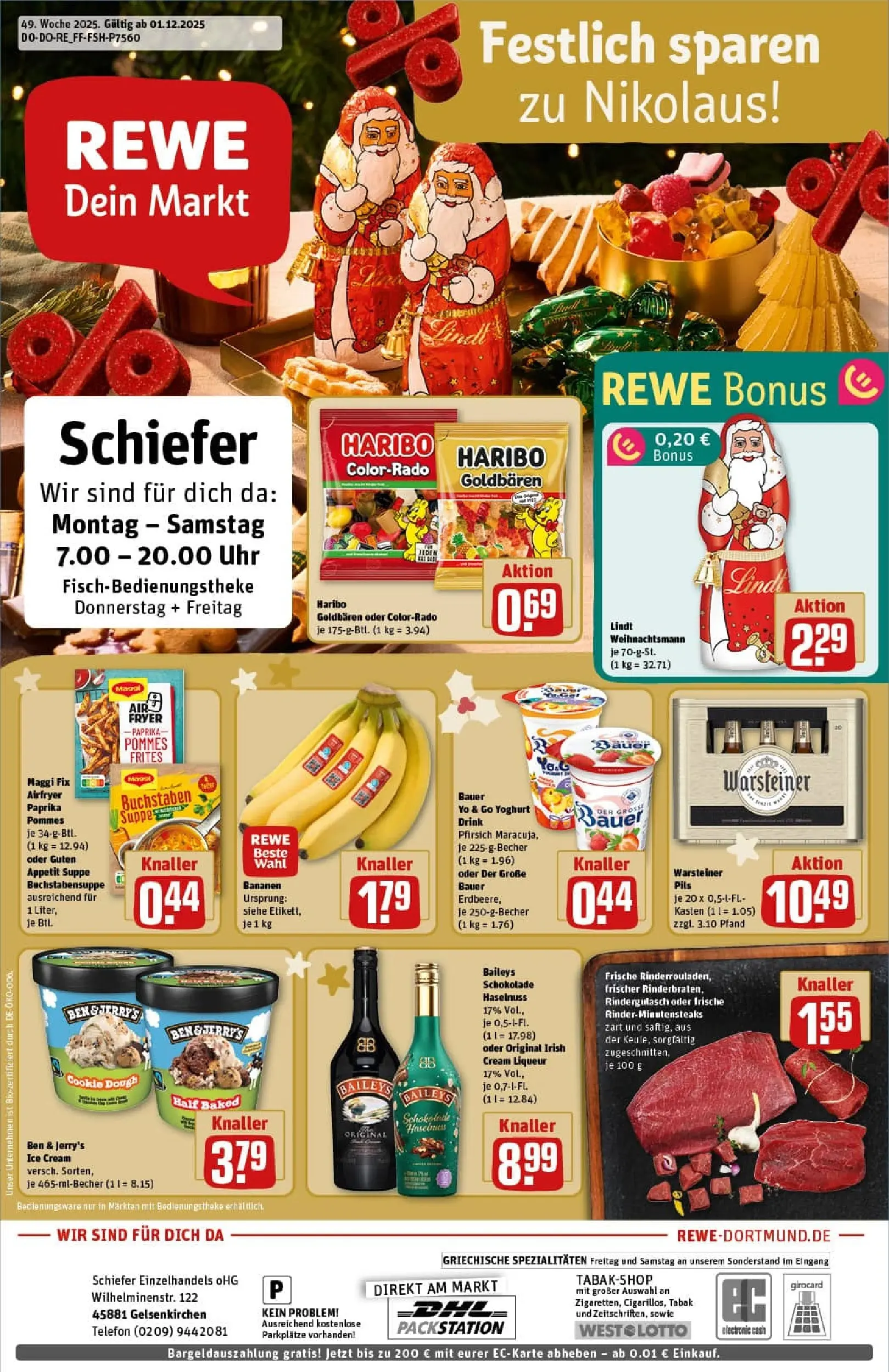 REWE Prospekt ab 01.12.2025 zum Blättern » Angebote | Seite: 1 | Produkte: Haribo, Pils, Lindt, Uhr
