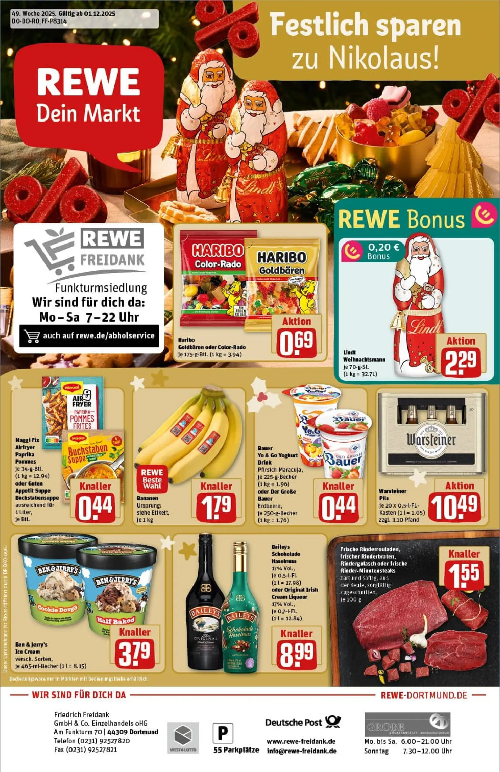 REWE Prospekt ab 01.12.2025 zum Blättern » Angebote | Seite: 1 | Produkte: Rindergulasch, Maggi, Ben & Jerry's, Pfirsich