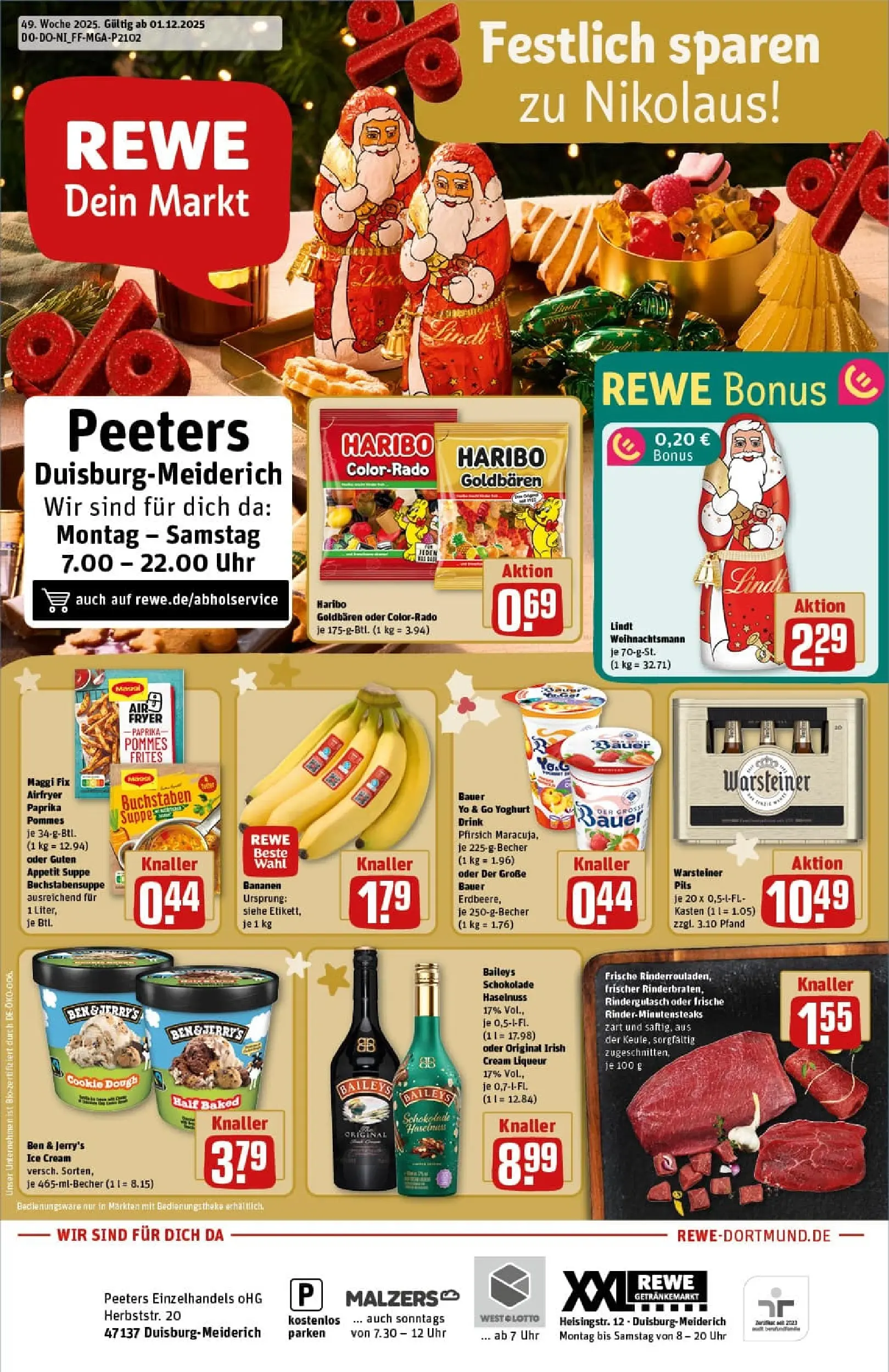 REWE Prospekt ab 01.12.2025 zum Blättern » Angebote | Seite: 1 | Produkte: Rindergulasch, Warsteiner, Pfirsich, Maggi fix