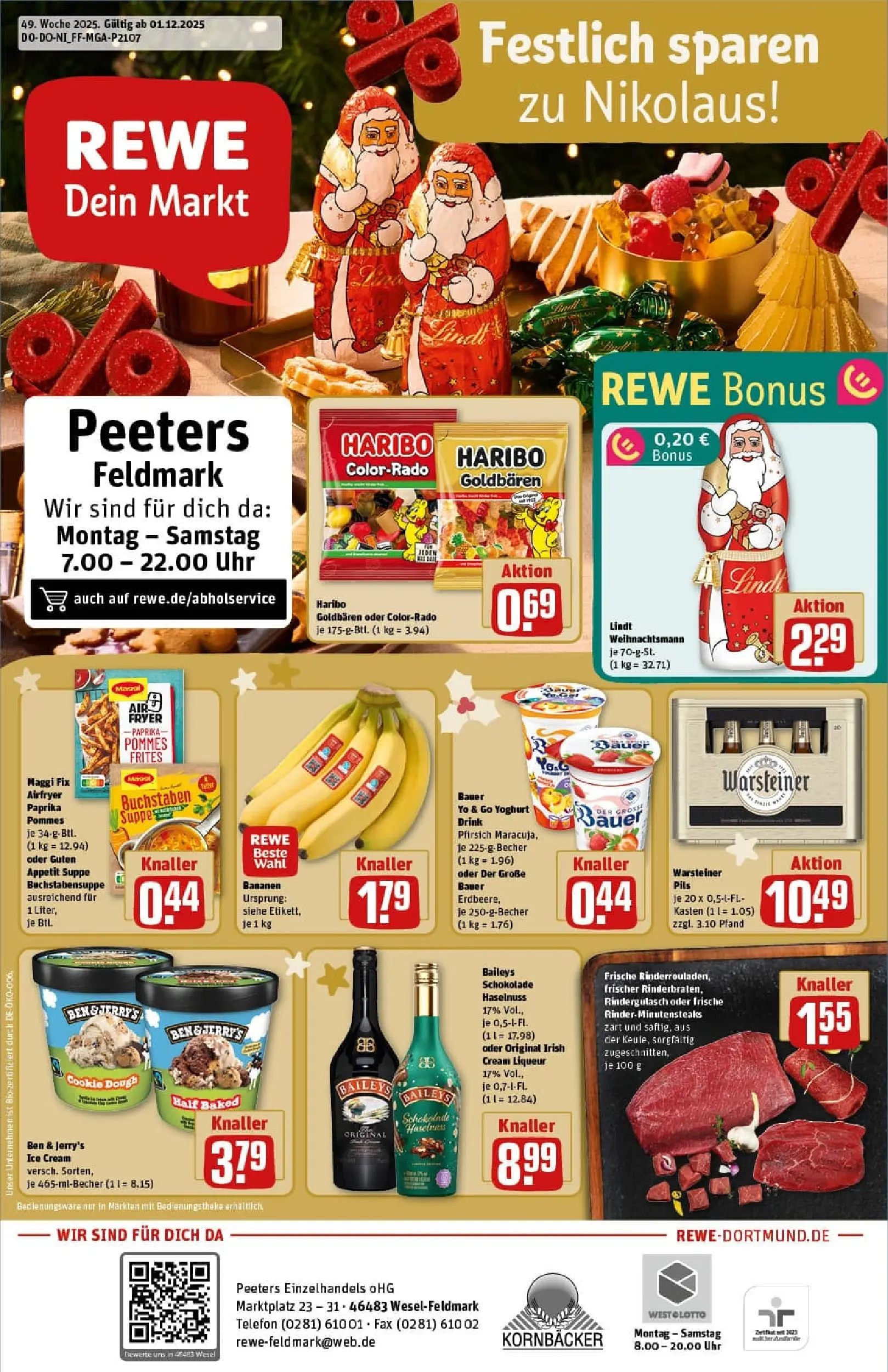 REWE Prospekt ab 01.12.2025 zum Blättern » Angebote | Seite: 1 | Produkte: Pommes, Pfirsich, Maggi fix, Baileys