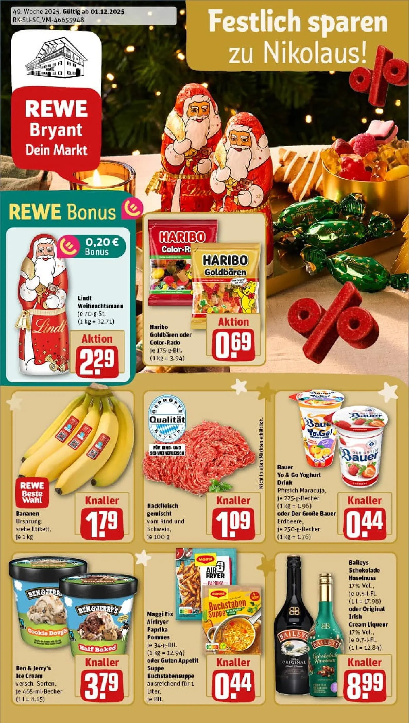 REWE Prospekt ab 01.12.2025 zum Blättern » Angebote | Seite: 1 | Produkte: Pommes, Ben & Jerry's, Pfirsich, Lindt