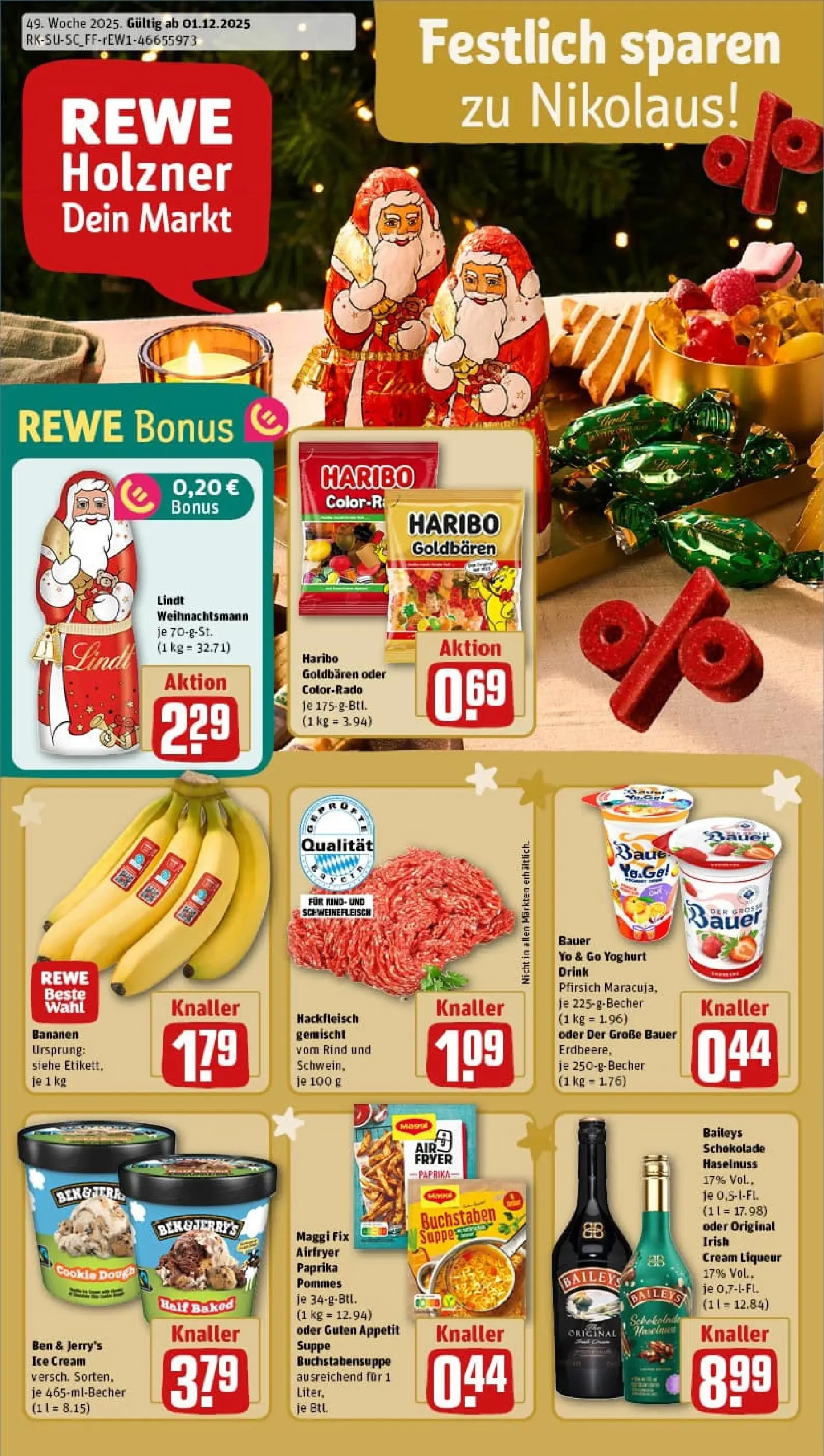 REWE Prospekt ab 01.12.2025 zum Blättern » Angebote | Seite: 1 | Produkte: Pommes, Pfirsich, Maggi fix, Schweinefleisch