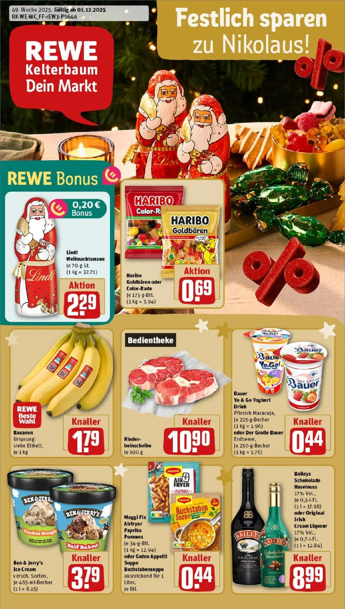 REWE Prospekt ab 01.12.2025 zum Blättern » Angebote | Seite: 1 | Produkte: Maggi, Haribo, Bananen, Baileys
