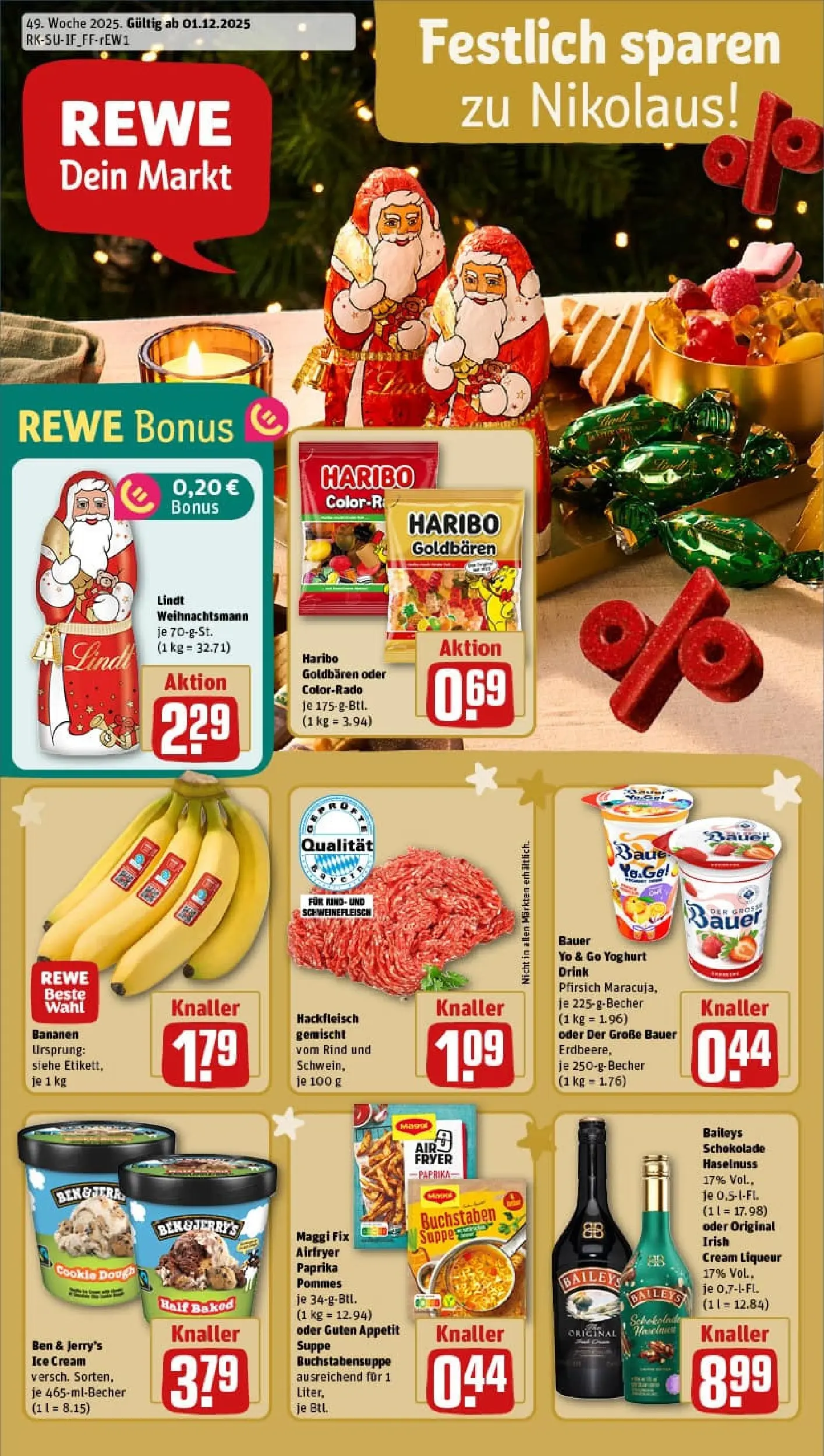 REWE Prospekt ab 01.12.2025 zum Blättern » Angebote | Seite: 1 | Produkte: Maggi, Schokolade, Pommes, Schweinefleisch