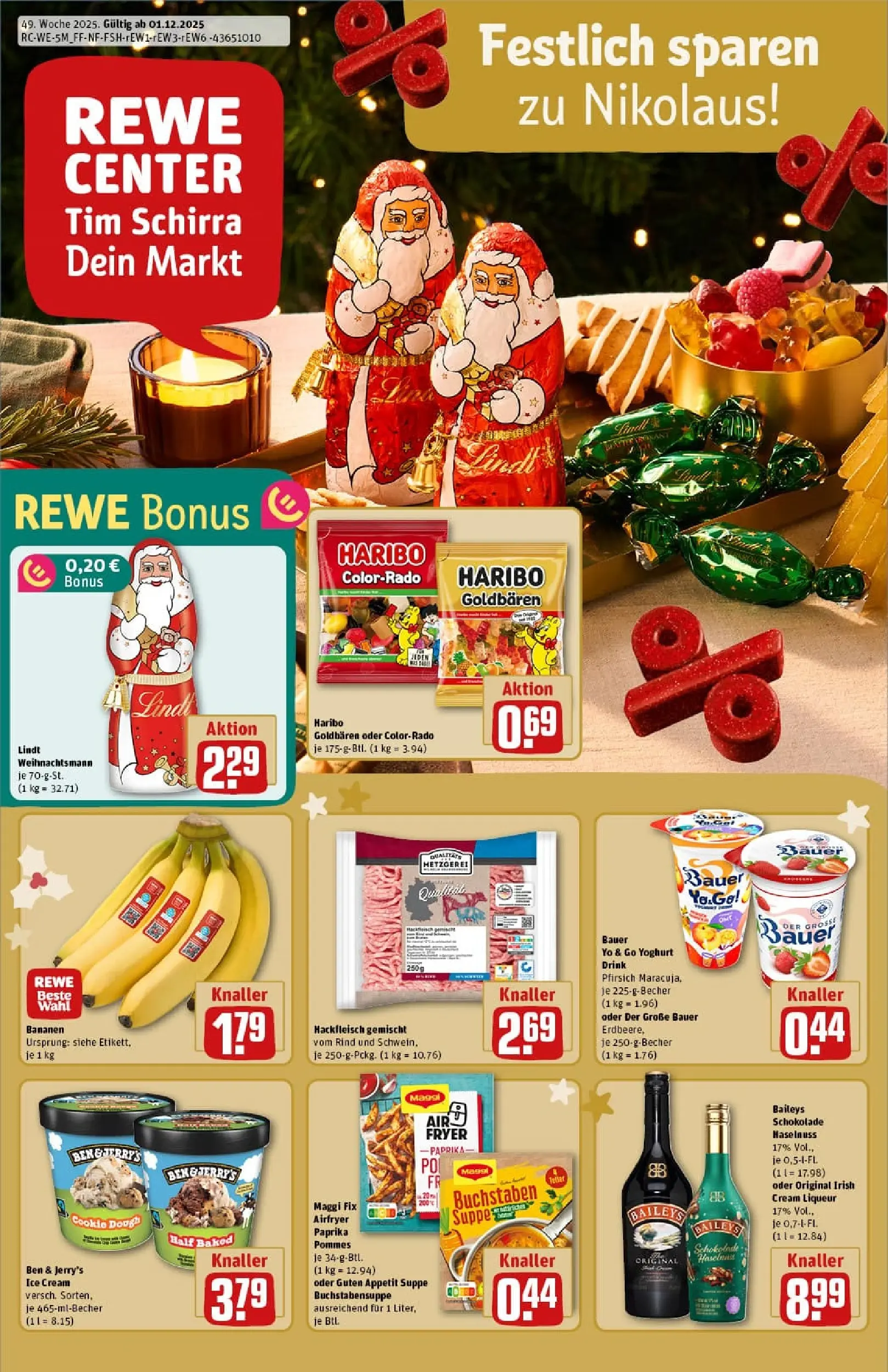 REWE Prospekt ab 01.12.2025 zum Blättern » Angebote | Seite: 1 | Produkte: Pommes, Pfirsich, Baileys, Hackfleisch