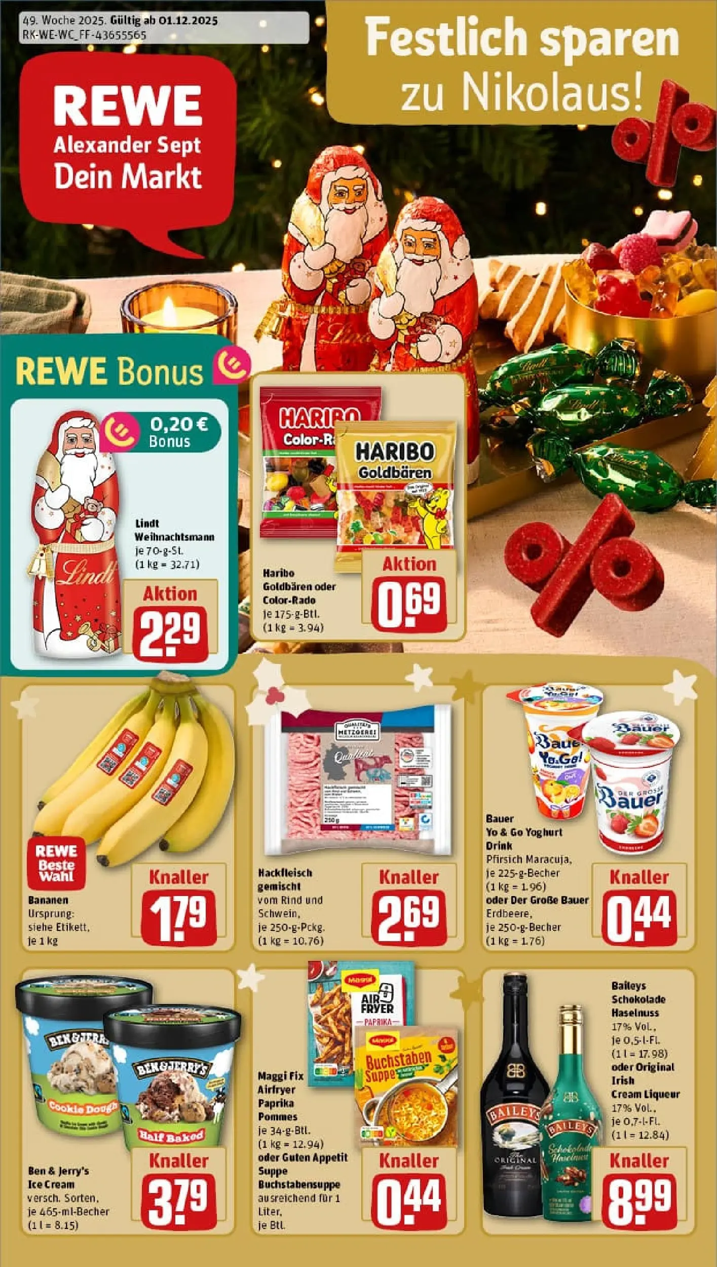 REWE Prospekt ab 01.12.2025 zum Blättern » Angebote | Seite: 1 | Produkte: Haribo, Pommes, Baileys, Lindt