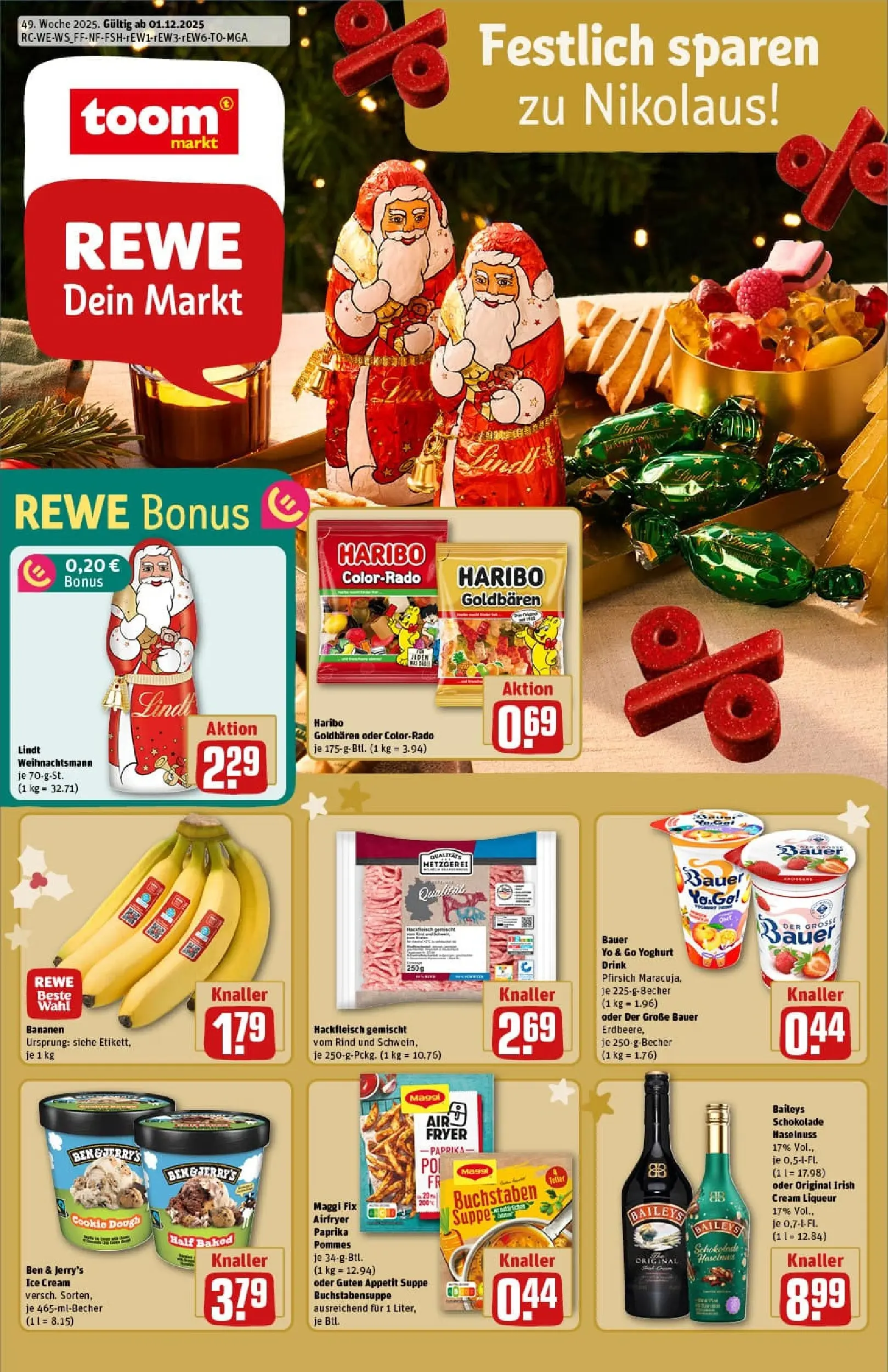 REWE Prospekt ab 01.12.2025 zum Blättern » Angebote | Seite: 1 | Produkte: Pfirsich, Maggi fix, Baileys, Lindt