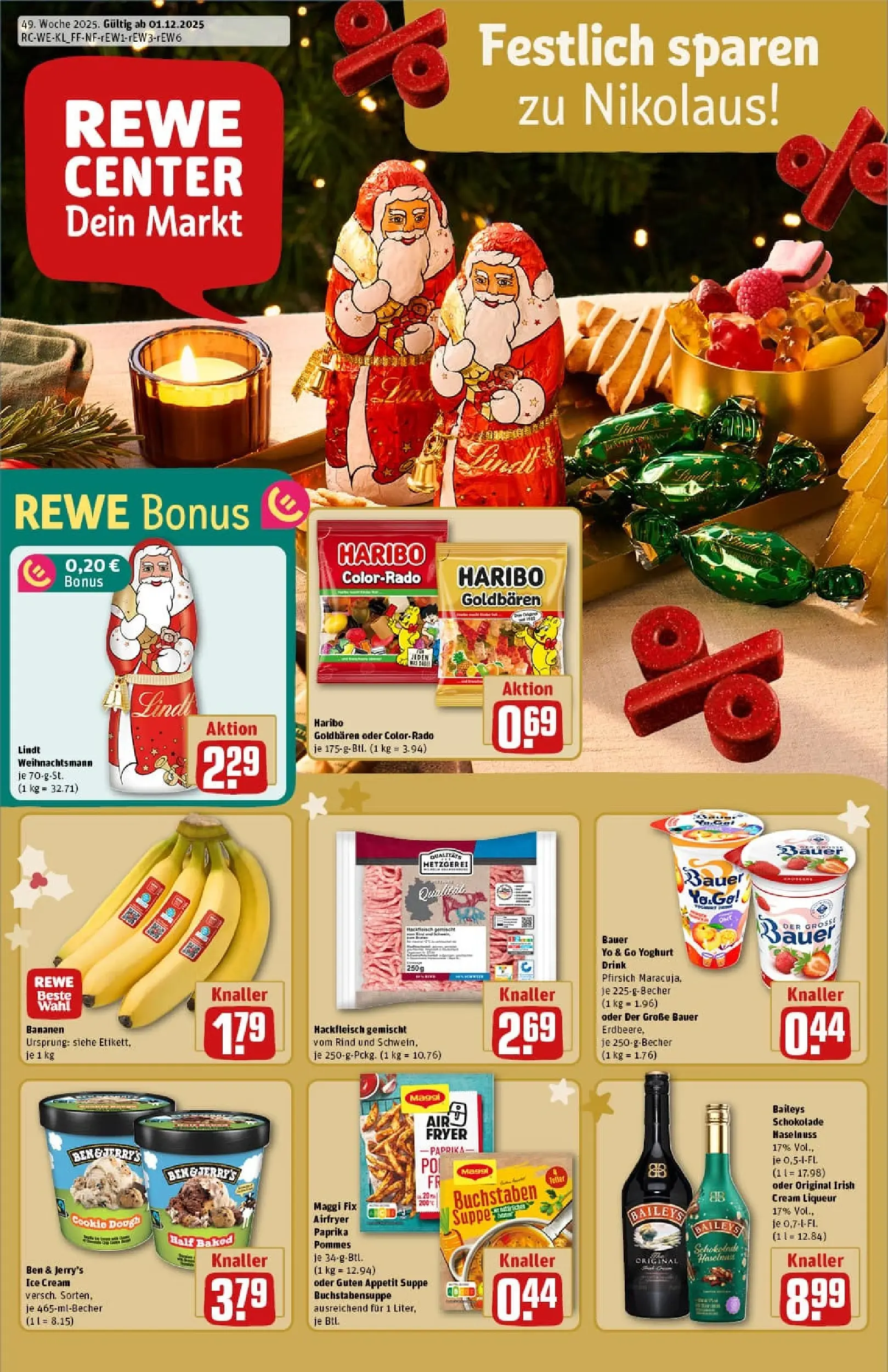REWE Prospekt ab 01.12.2025 zum Blättern » Angebote | Seite: 1 | Produkte: Haribo, Bananen, Baileys, Lindt