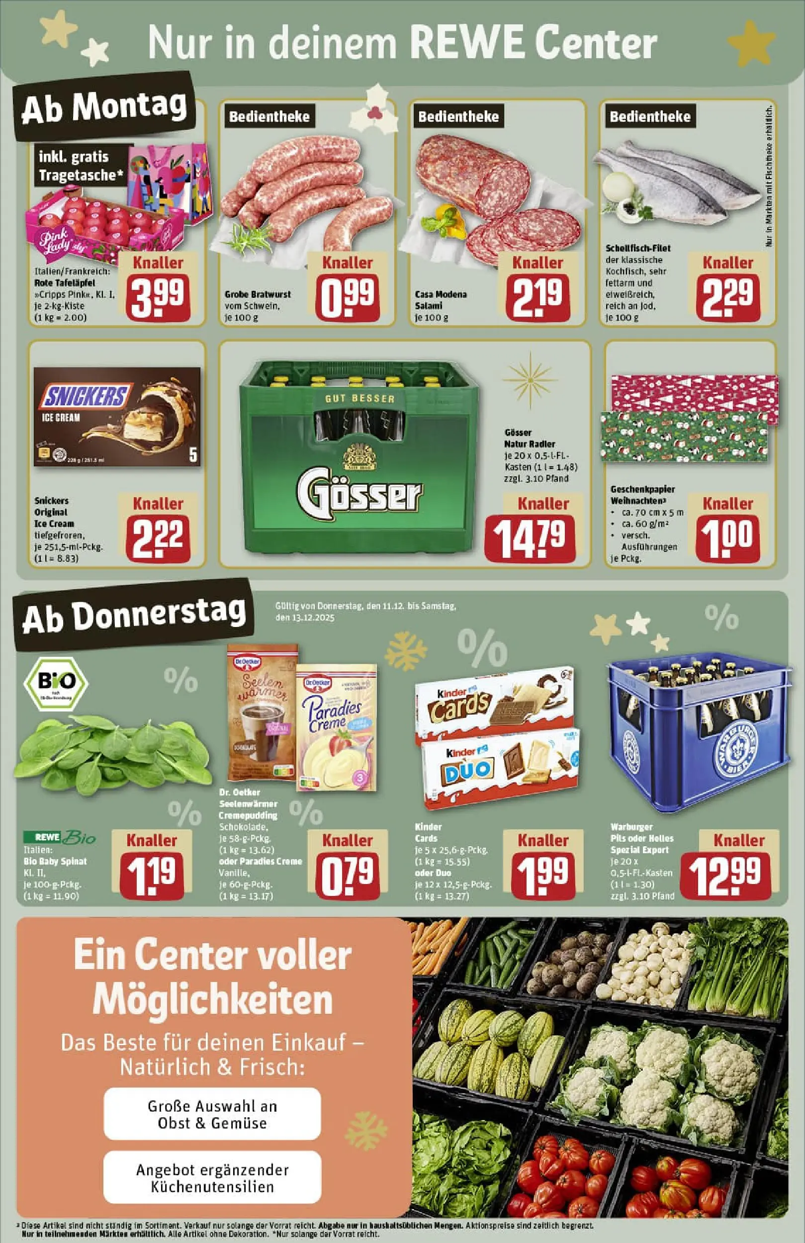REWE Prospekt ab 07.12.2025 zum Blättern » Angebote | Seite: 3 | Produkte: Schokolade, Snickers, Radler, Obst