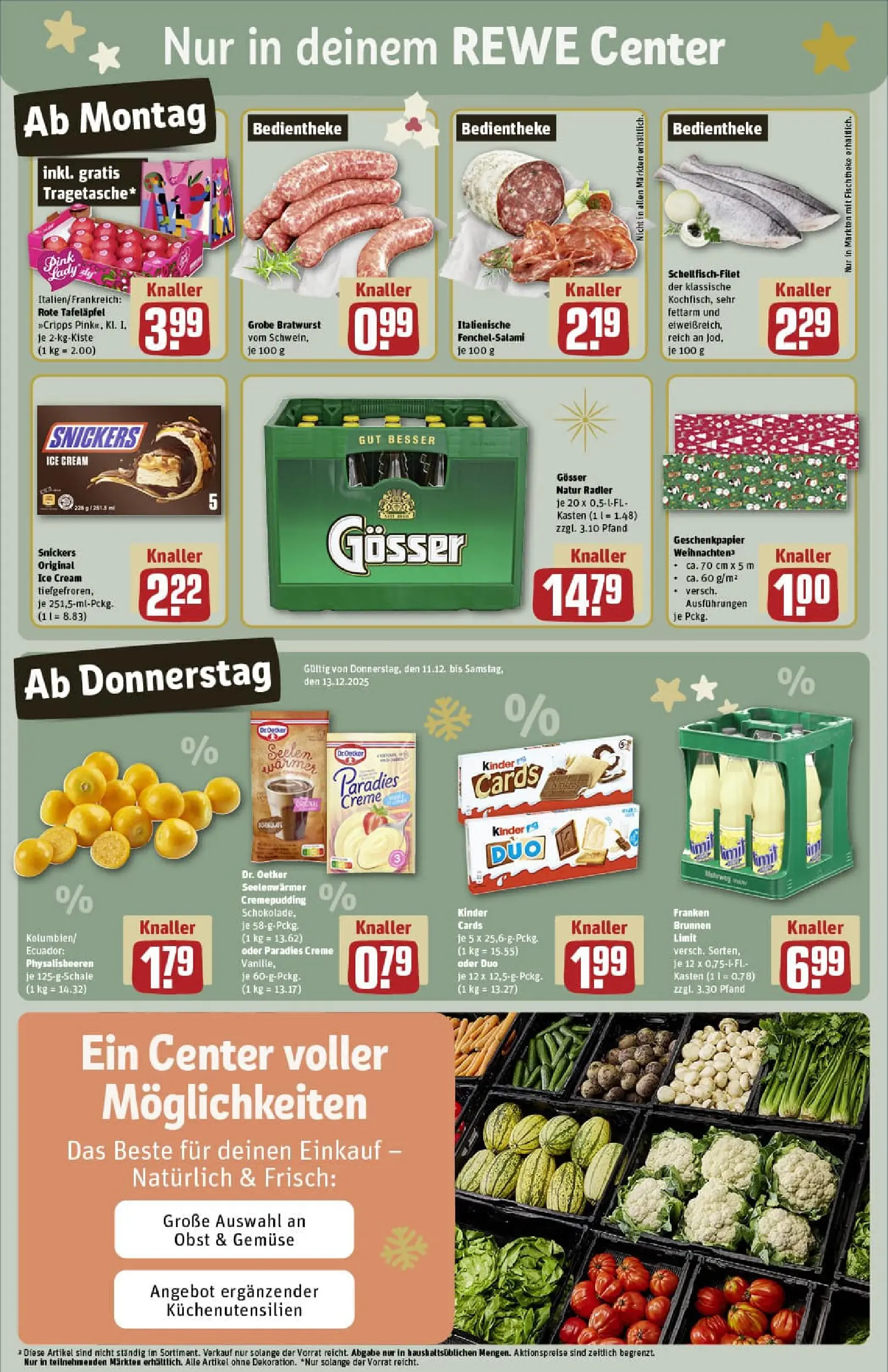 REWE Prospekt ab 07.12.2025 zum Blättern » Angebote | Seite: 3 | Produkte: Snickers, Creme, Radler, Gemüse