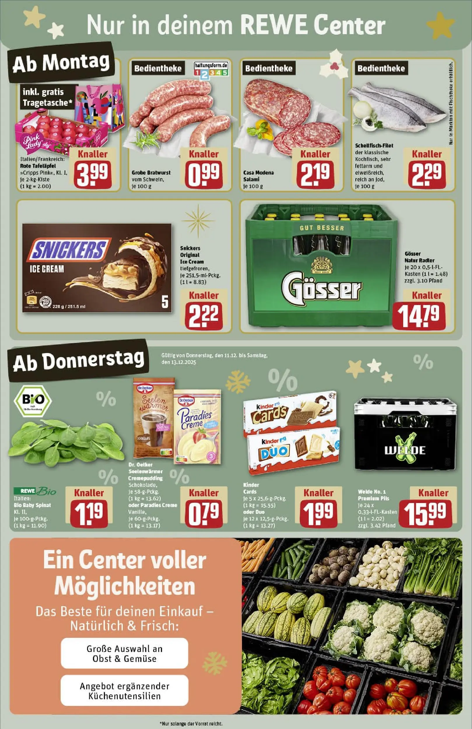 REWE Prospekt ab 07.12.2025 zum Blättern » Angebote | Seite: 3 | Produkte: Bratwurst, Snickers, Radler, Salami