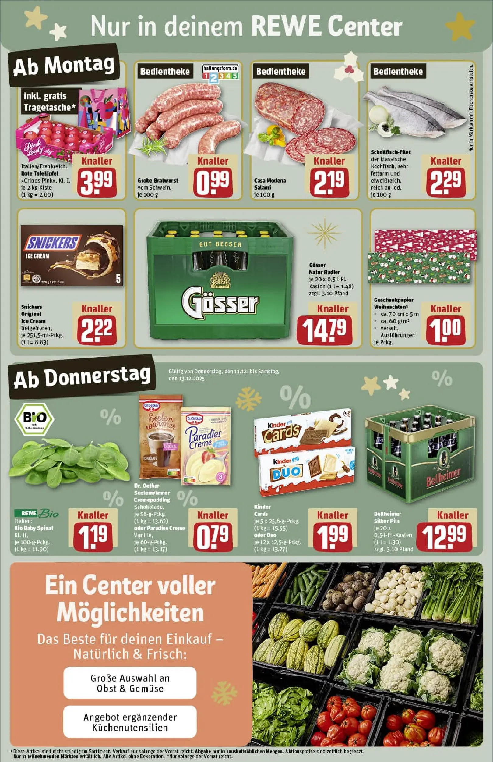 REWE Prospekt ab 07.12.2025 zum Blättern » Angebote | Seite: 3 | Produkte: Bratwurst, Snickers, Radler, Obst