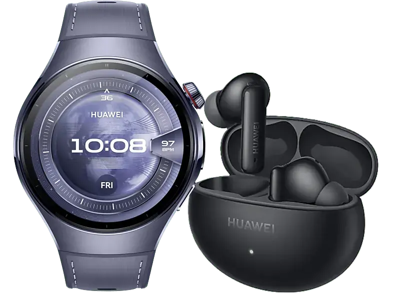 Huawei Watch 5 46mm Titanium mit Kompositarmband, Grau-Violett inkl. FreeBuds 6i, Schwarz; Smartwatch