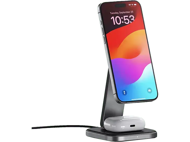 SATECHI 2-in-1 Foldable Qi2 Wireless Charging Stand, Grau/Schwarz; Ladestation