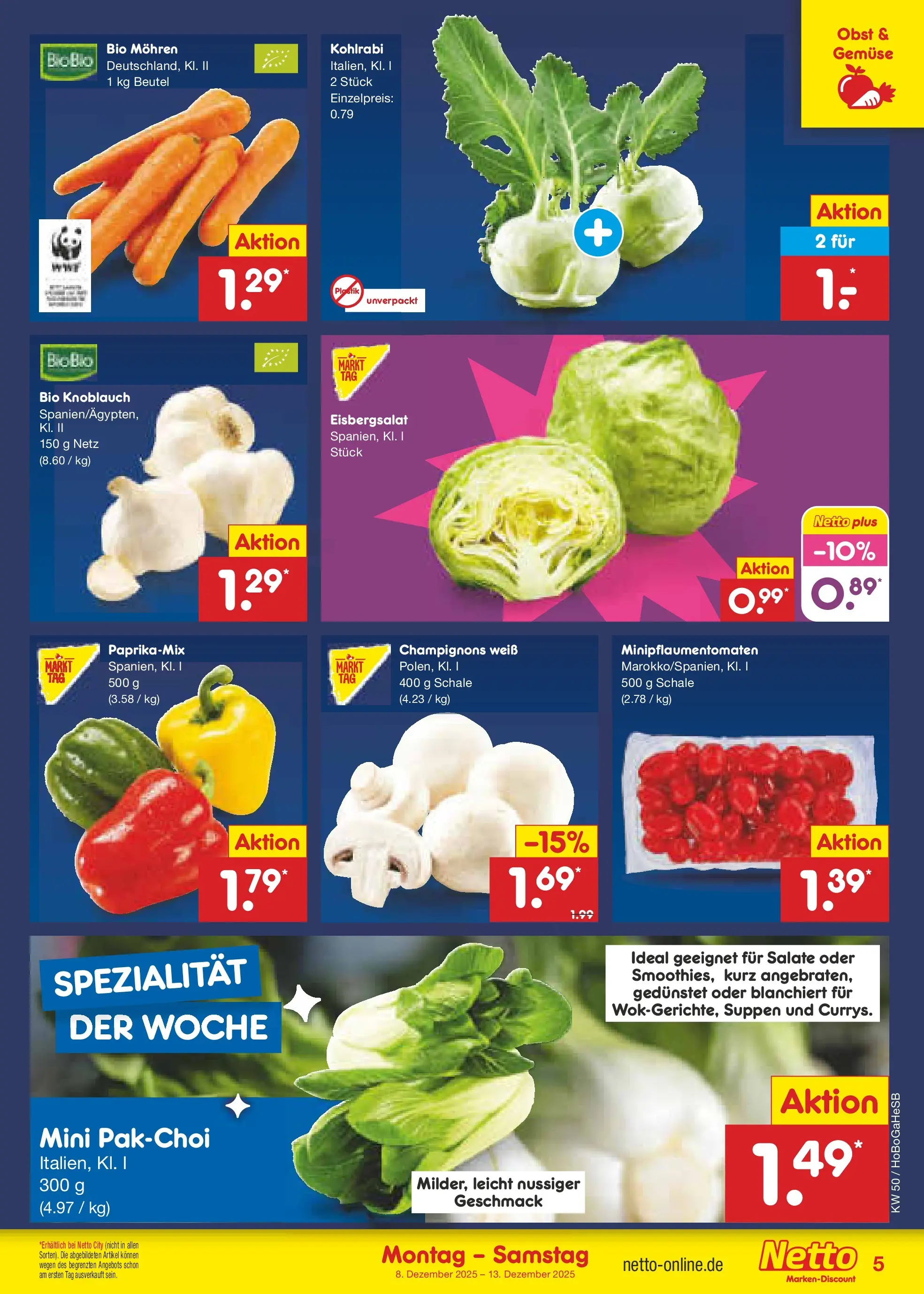 Netto Marken-Discount prospekt Hannover	 (ab 07.12.2025) » Angebote | Seite: 5 | Produkte: Eisbergsalat, Mohren, Champignons, Knoblauch