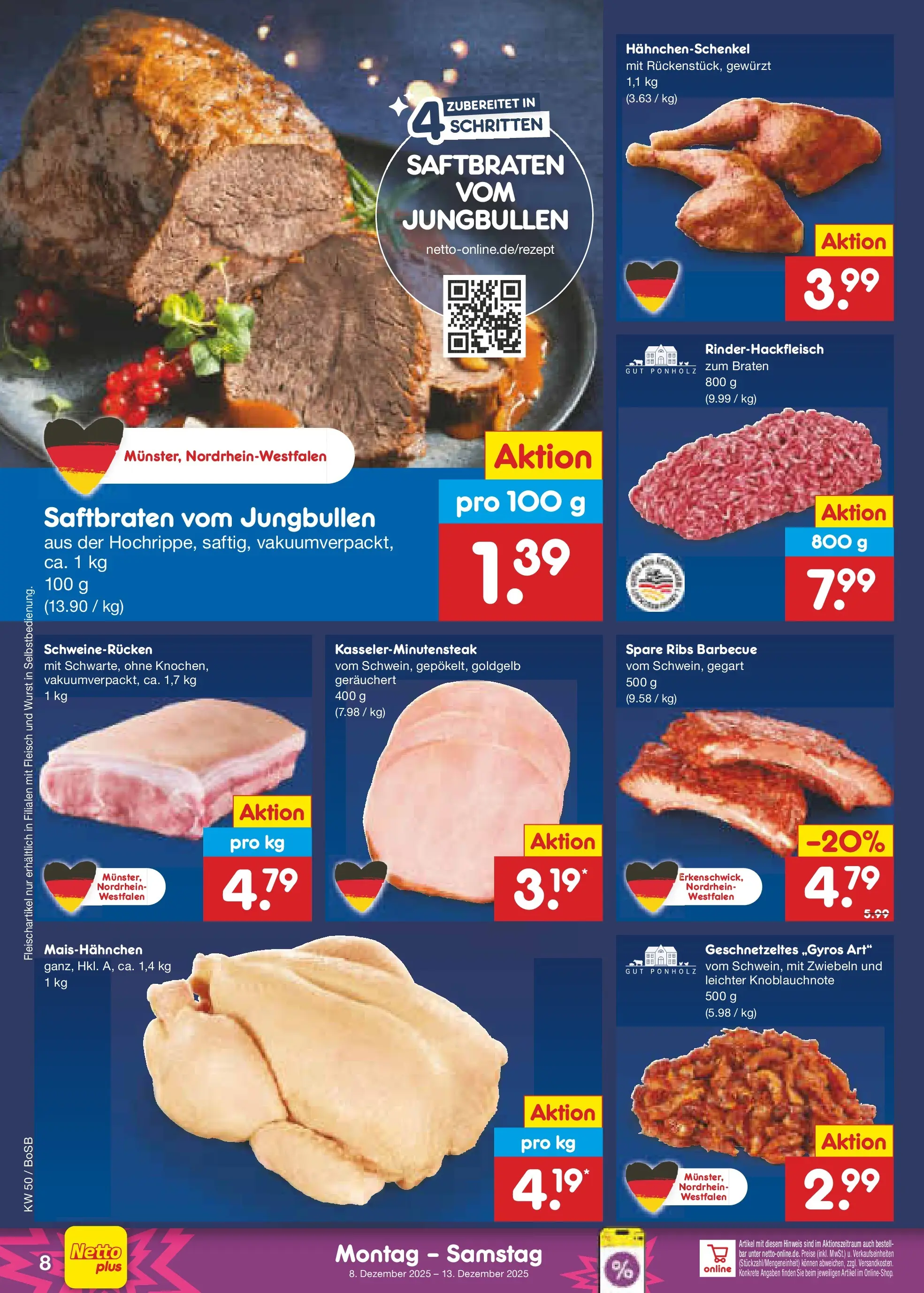 Netto Marken-Discount prospekt Stadtlohn	 (ab 08.12.2025) » Angebote | Seite: 8 | Produkte: Hahnchenschenkel, Spare ribs, Schweinerucken, Fleisch
