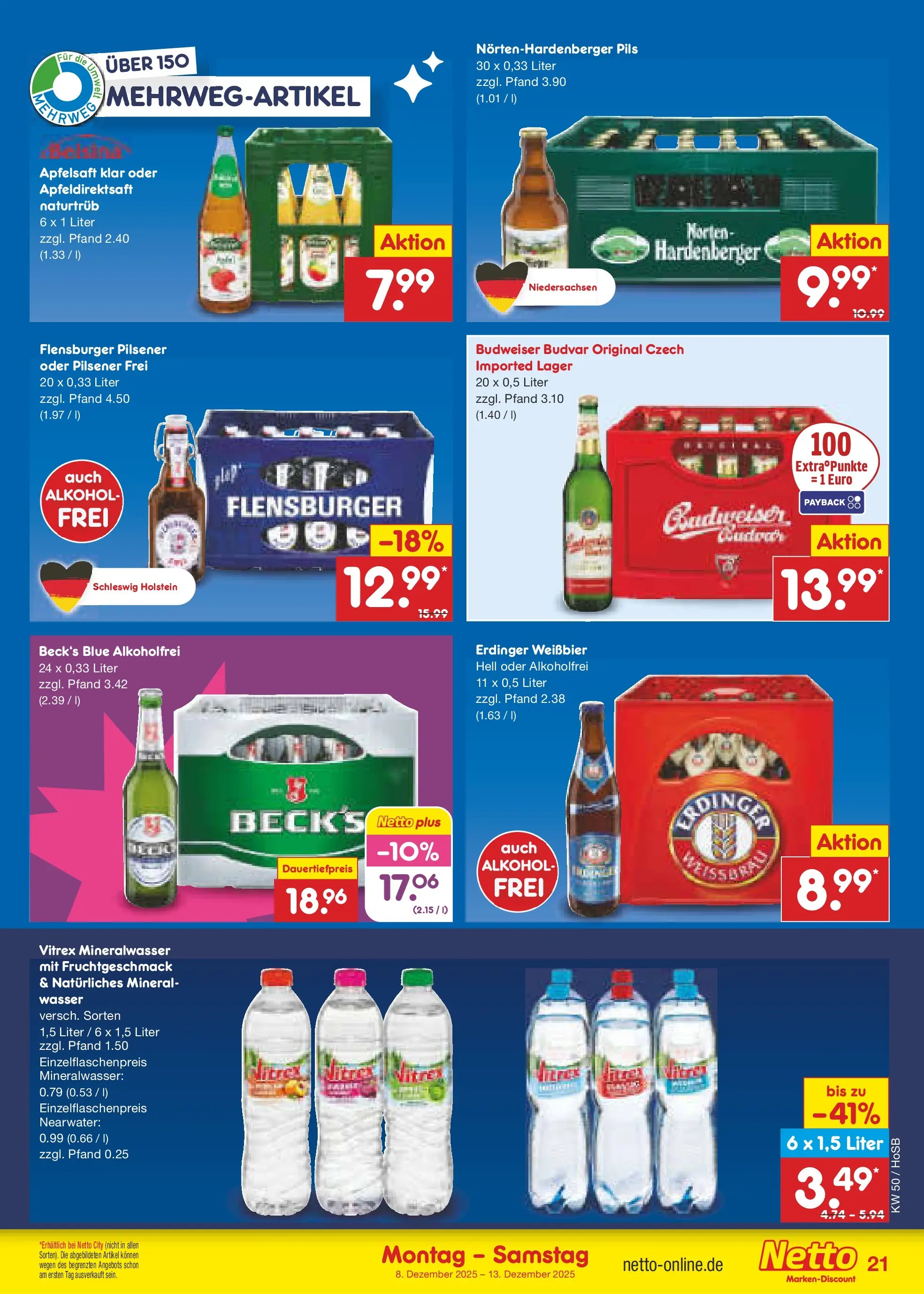 Netto Marken-Discount prospekt Hannover	 (ab 07.12.2025) » Angebote | Seite: 27 | Produkte: Erdinger, Flensburger, Wasser, Budweiser