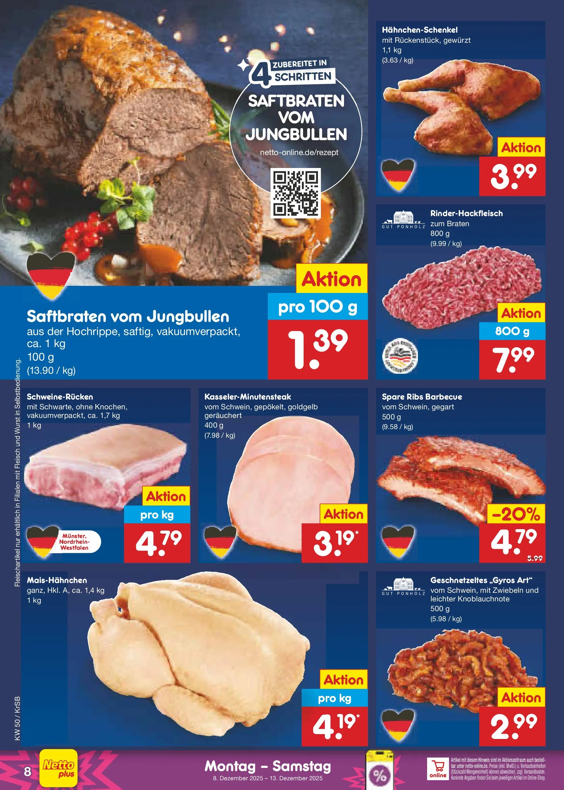 Netto Marken-Discount prospekt Jüchen	 (ab 08.12.2025) » Angebote | Seite: 8 | Produkte: Spare ribs, Zwiebeln, Wurst, Fleisch