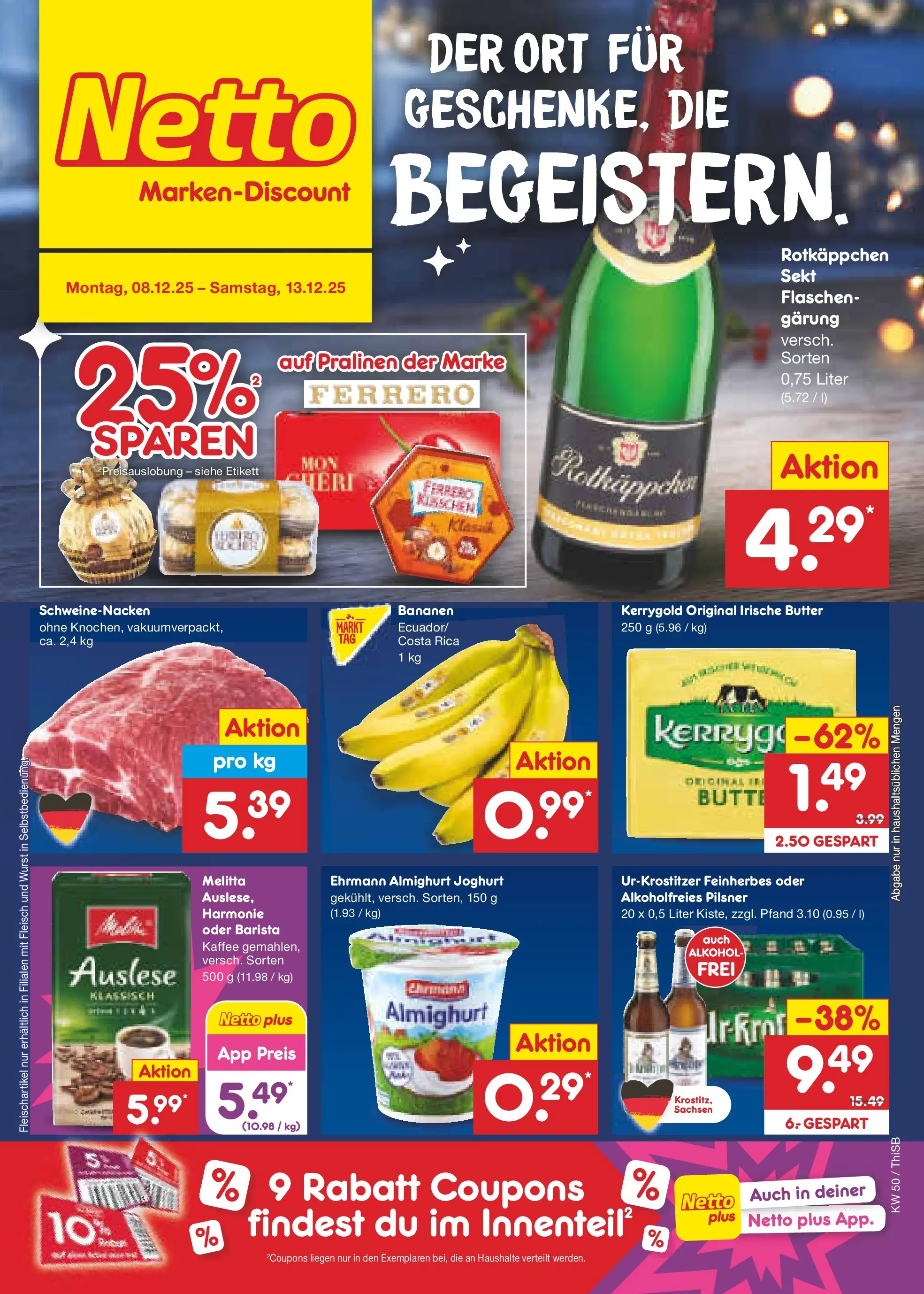 Netto Marken-Discount prospekt Pirna	 (ab 08.12.2025) » Angebote | Seite: 1 | Produkte: Ehrmann almighurt, Butter, Kaffee, Sekt