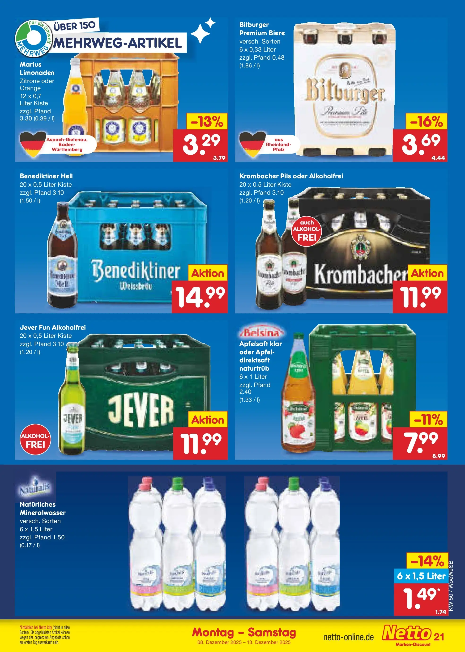 Netto Marken-Discount prospekt Katzweiler	 (ab 07.12.2025) » Angebote | Seite: 27 | Produkte: Bitburger, Apfelsaft, Mineralwasser, Zitrone