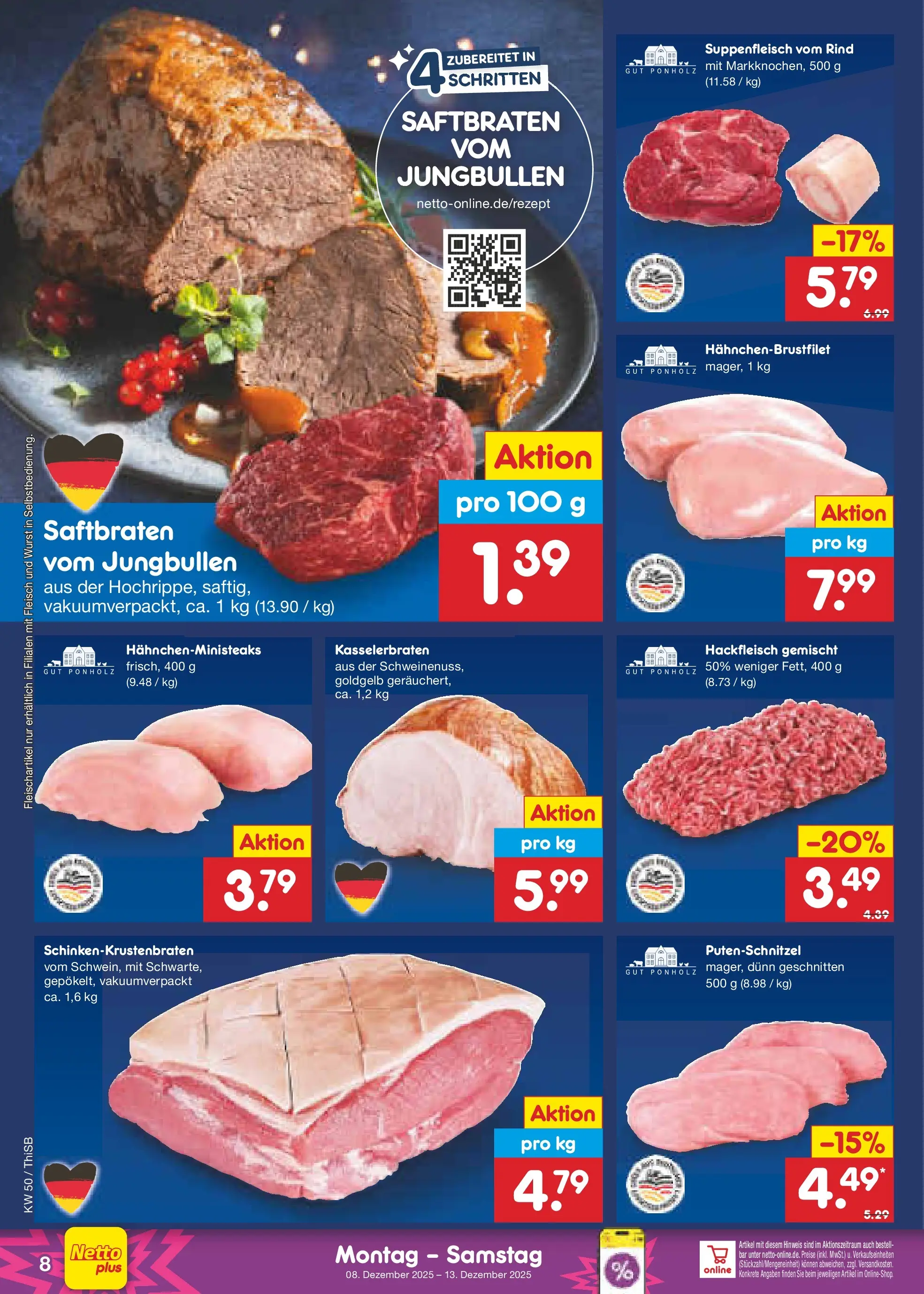 Netto Marken-Discount prospekt Pirna	 (ab 08.12.2025) » Angebote | Seite: 8 | Produkte: Putenschnitzel, Wurst, Fleisch, Hackfleisch