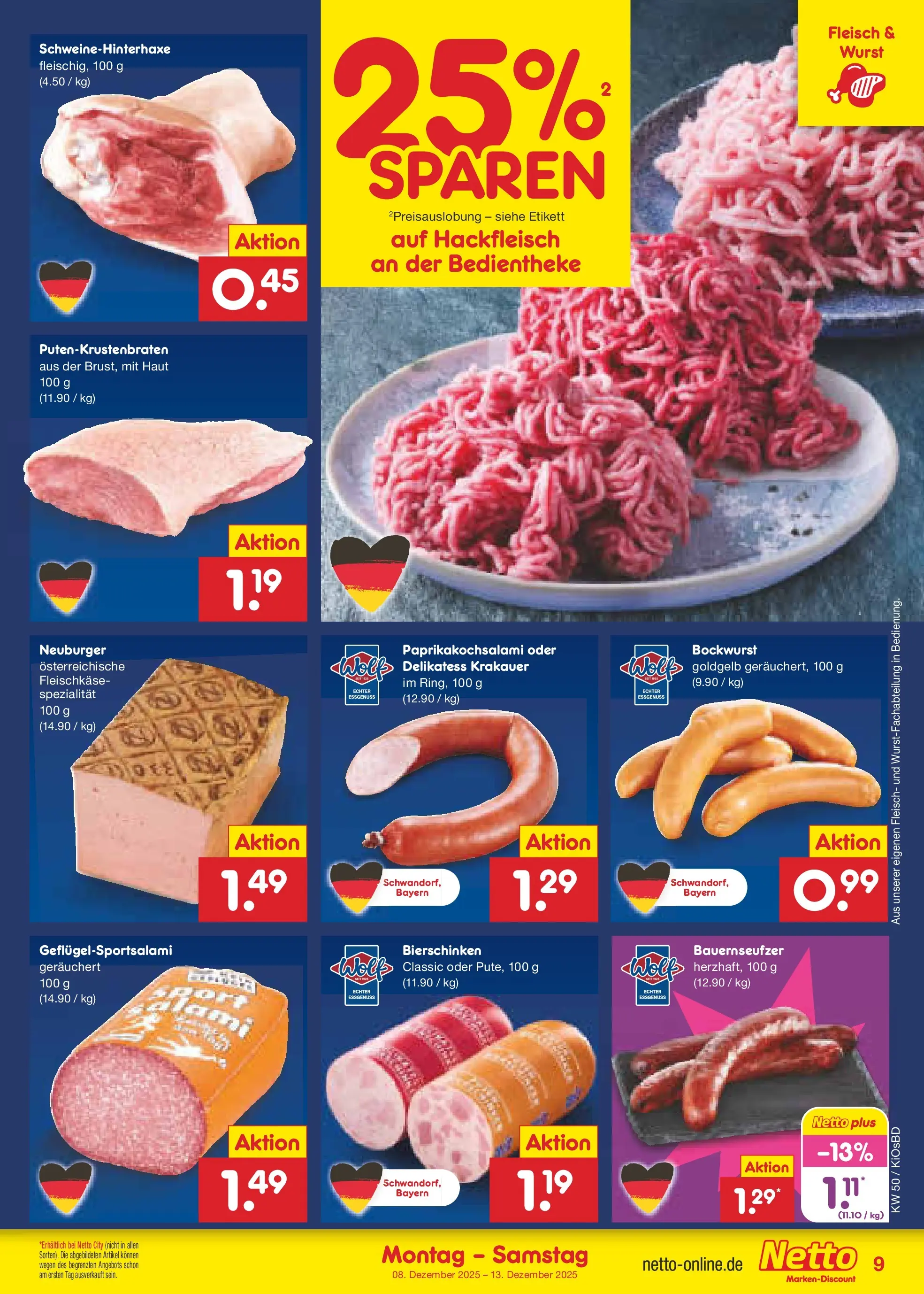 Netto Marken-Discount prospekt Mistelbach	 (ab 08.12.2025) » Angebote | Seite: 9 | Produkte: Bockwurst, Wurst, Fleisch, Hackfleisch