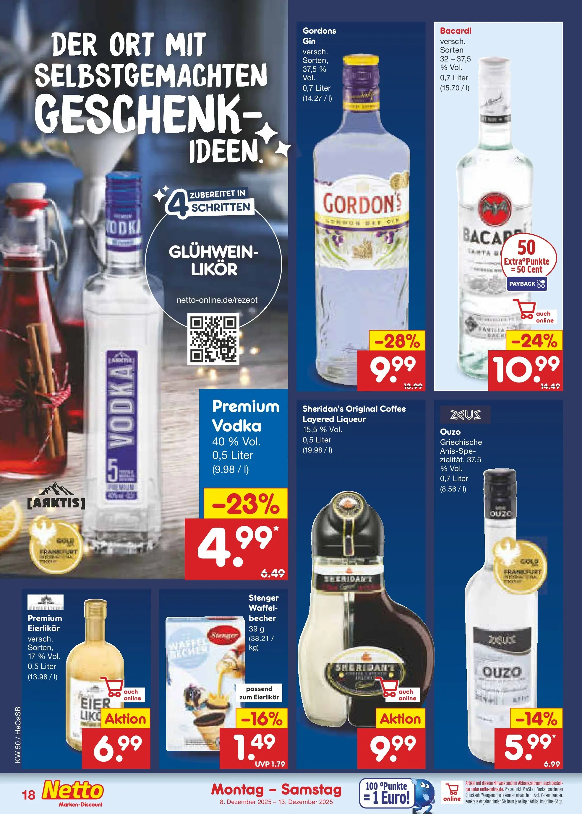 Netto Marken-Discount prospekt Kröpelin	 (ab 07.12.2025) » Angebote | Seite: 18 | Produkte: Bacardi, Ouzo, Eier, Likör