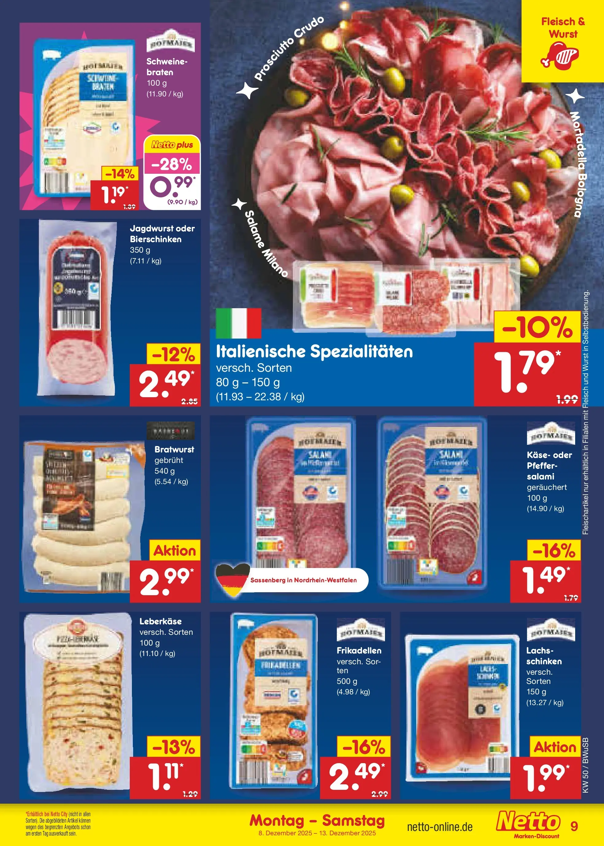 Netto Marken-Discount prospekt Stemwede-Dielingen	 (ab 07.12.2025) » Angebote | Seite: 9 | Produkte: Käse, Bratwurst, Lachs, Salami