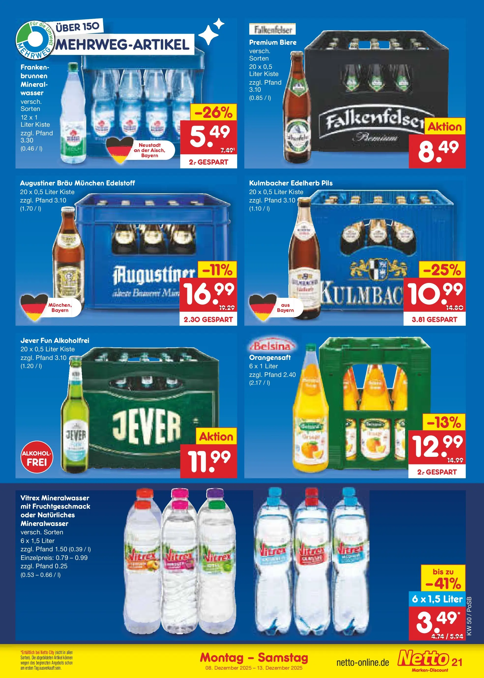 Netto Marken-Discount prospekt Regensburg	 (ab 08.12.2025) » Angebote | Seite: 27 | Produkte: Orangensaft, Mineralwasser, Wasser, Jever