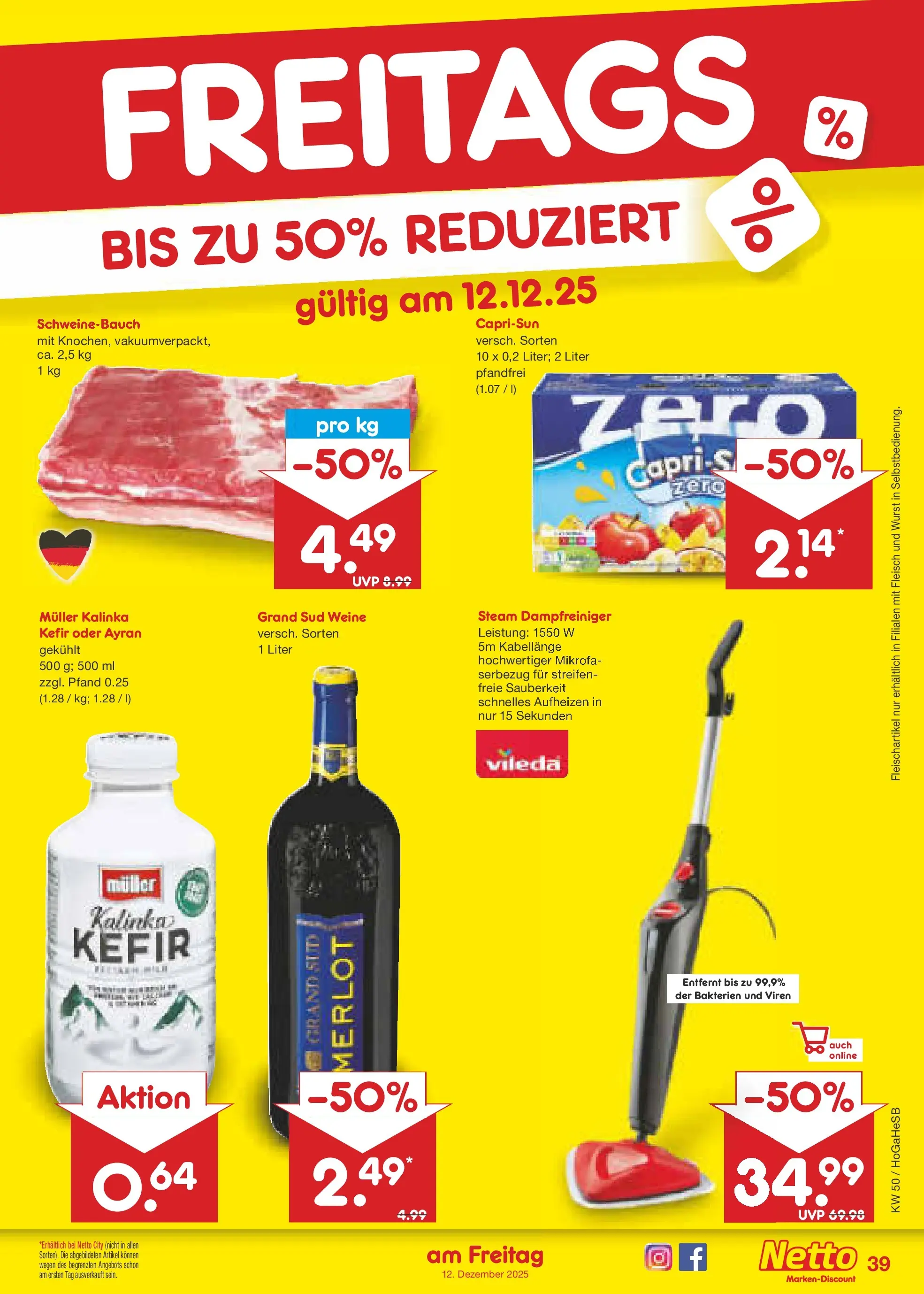 Netto Marken-Discount prospekt Hamburg	 (ab 07.12.2025) » Angebote | Seite: 43 | Produkte: Kefir, Schweinebauch, Grand sud, Fleisch