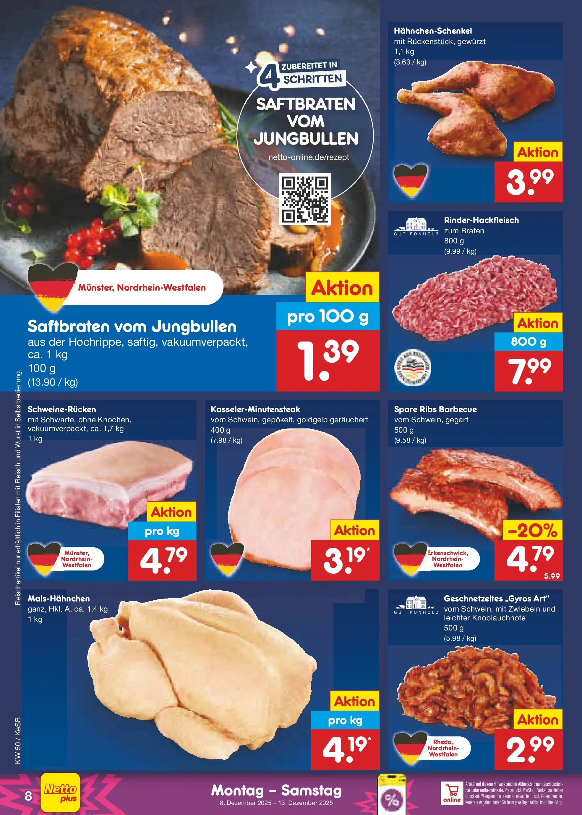 Netto Marken-Discount prospekt Bonn	 (ab 07.12.2025) » Angebote | Seite: 8 | Produkte: Hahnchenschenkel, Spare ribs, Wurst, Fleisch