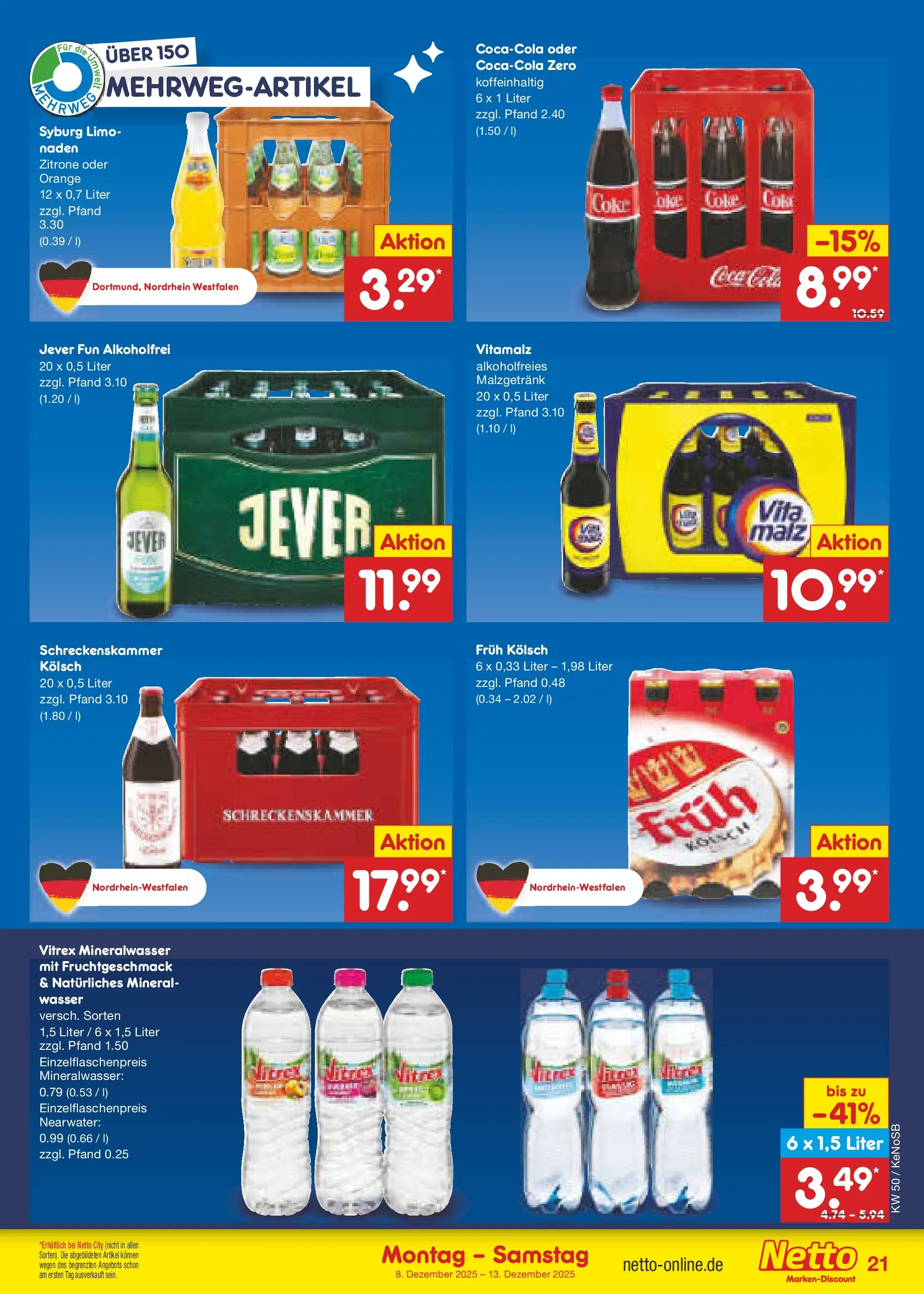 Netto Marken-Discount prospekt Bonn	 (ab 07.12.2025) » Angebote | Seite: 27 | Produkte: Coca cola, Cola, Mineralwasser, Wasser