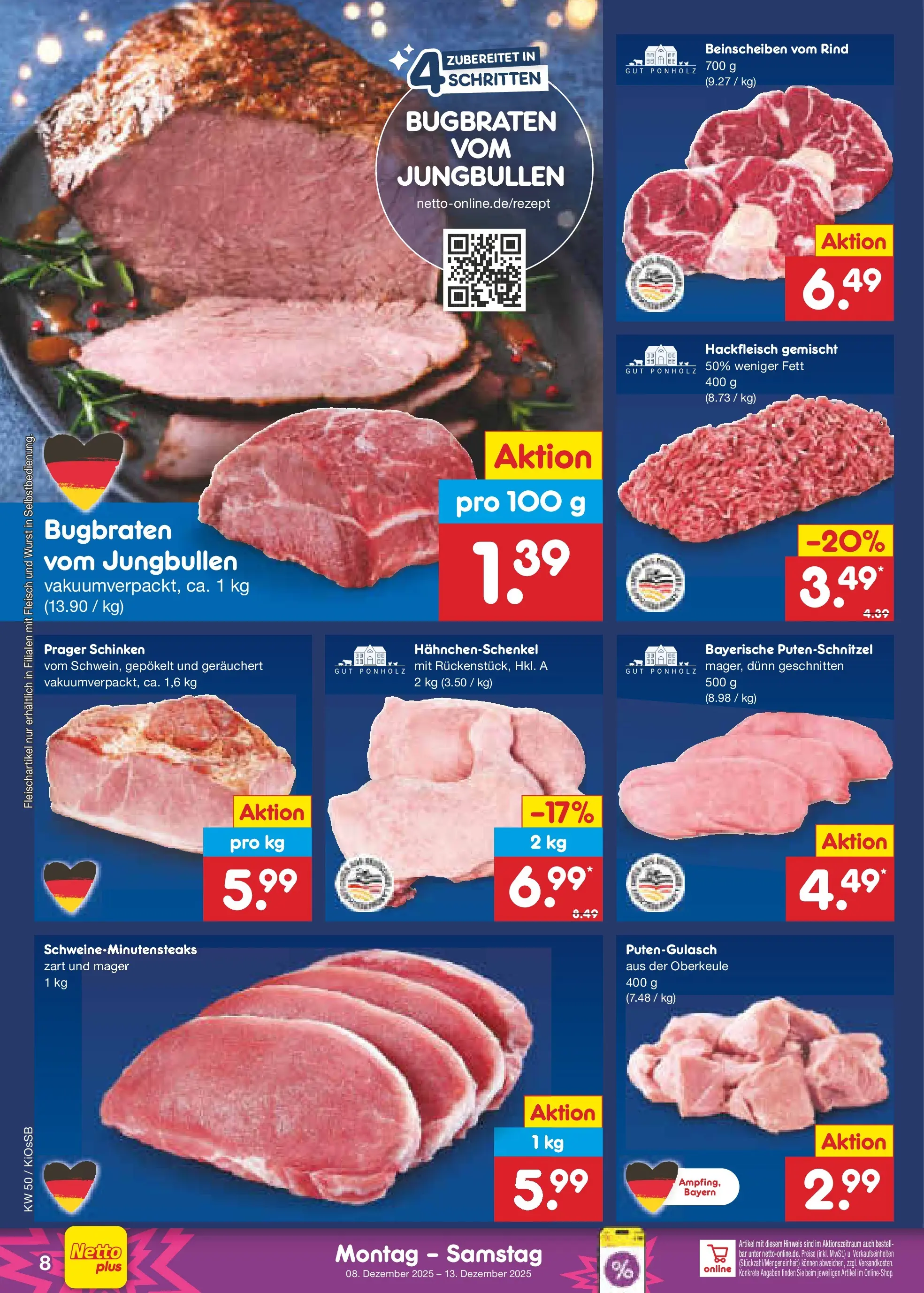 Netto Marken-Discount prospekt Oberhaid	 (ab 08.12.2025) » Angebote | Seite: 8 | Produkte: Hahnchenschenkel, Wurst, Schinken, Hackfleisch