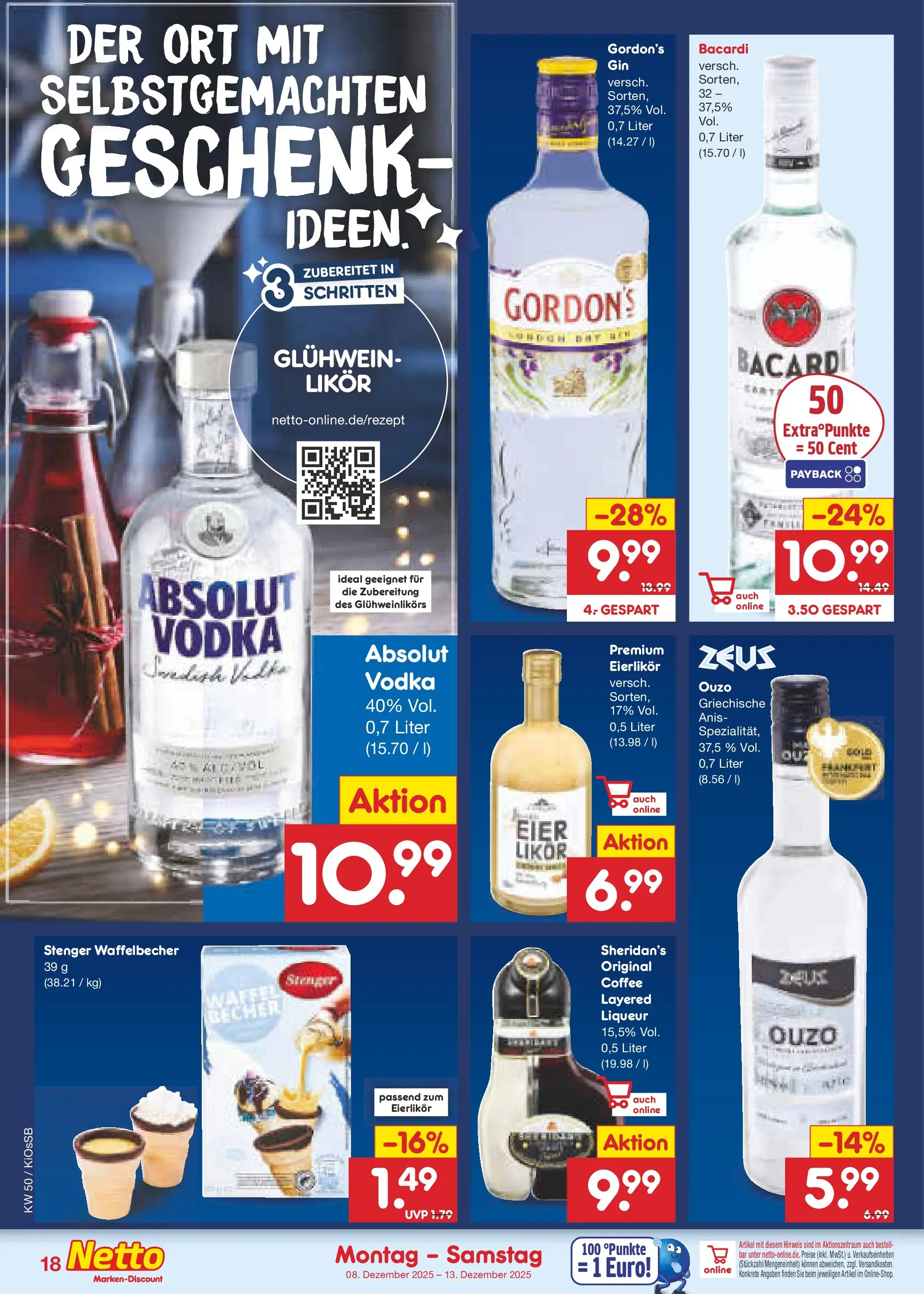 Netto Marken-Discount prospekt Oberhaid	 (ab 08.12.2025) » Angebote | Seite: 18 | Produkte: Bacardi, Ouzo, Eier, Likör