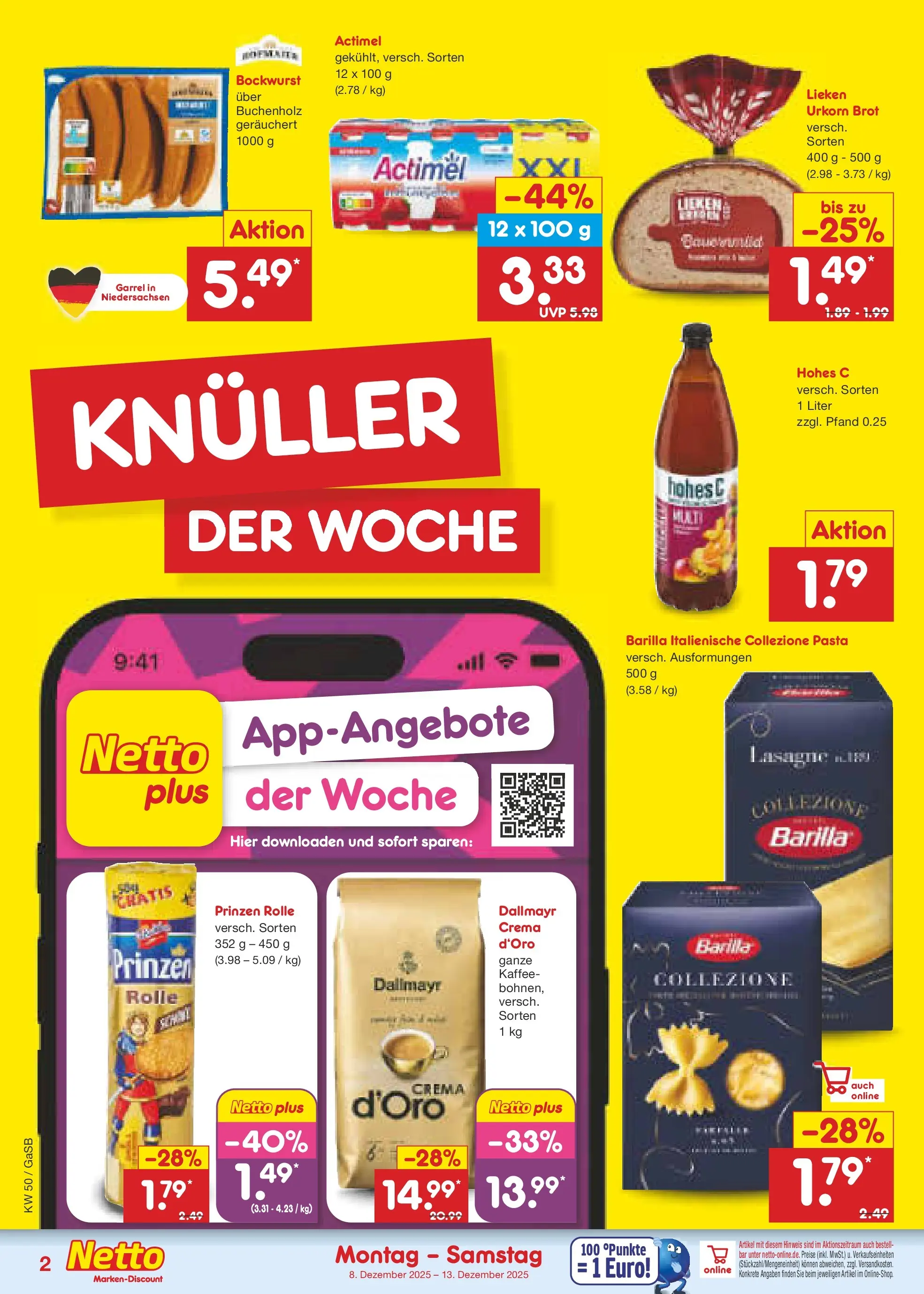Netto Marken-Discount prospekt Bremen-Lesum	 (ab 07.12.2025) » Angebote | Seite: 2 | Produkte: Bockwurst, Actimel, Pasta, Brot