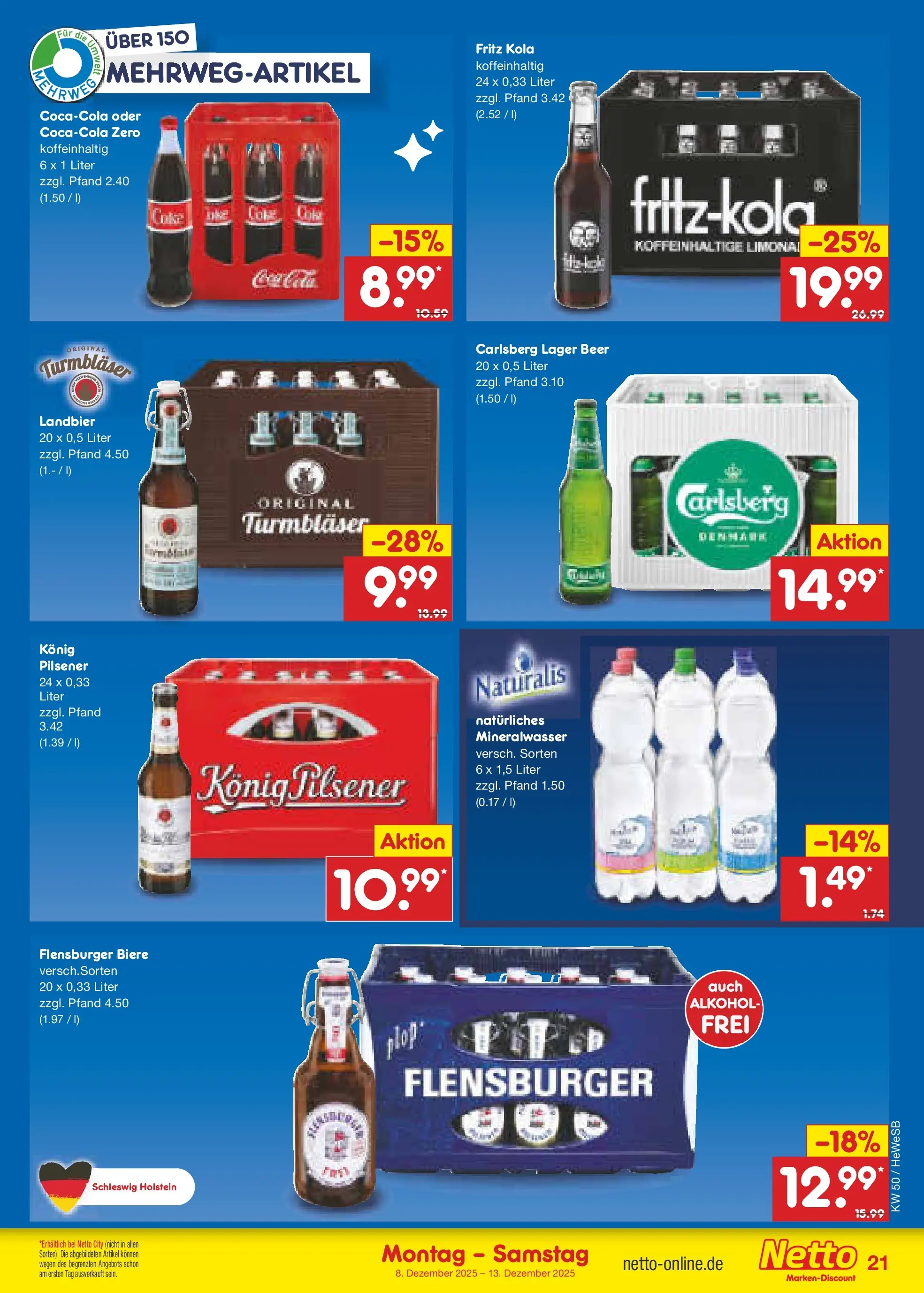 Netto Marken-Discount prospekt Hamburg	 (ab 07.12.2025) » Angebote | Seite: 23 | Produkte: Konig pilsener, Carlsberg, Mineralwasser, Flensburger